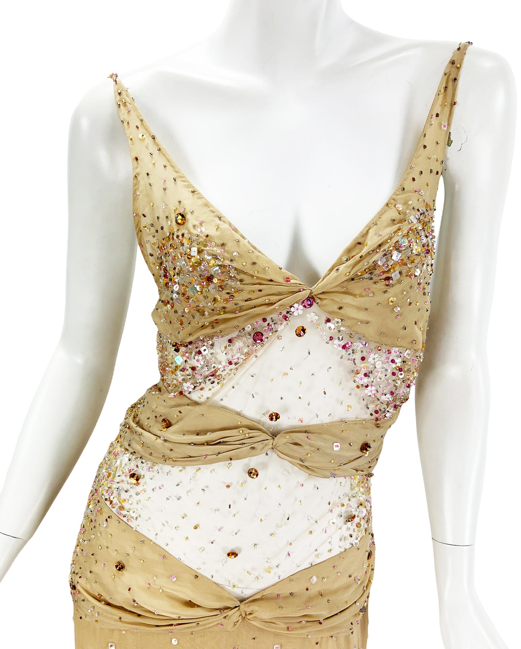 Vintage Valentino F/W 2000 Runway Nude Sexy Sheer Fully Embellished Dress Gown 8 in vendita 3