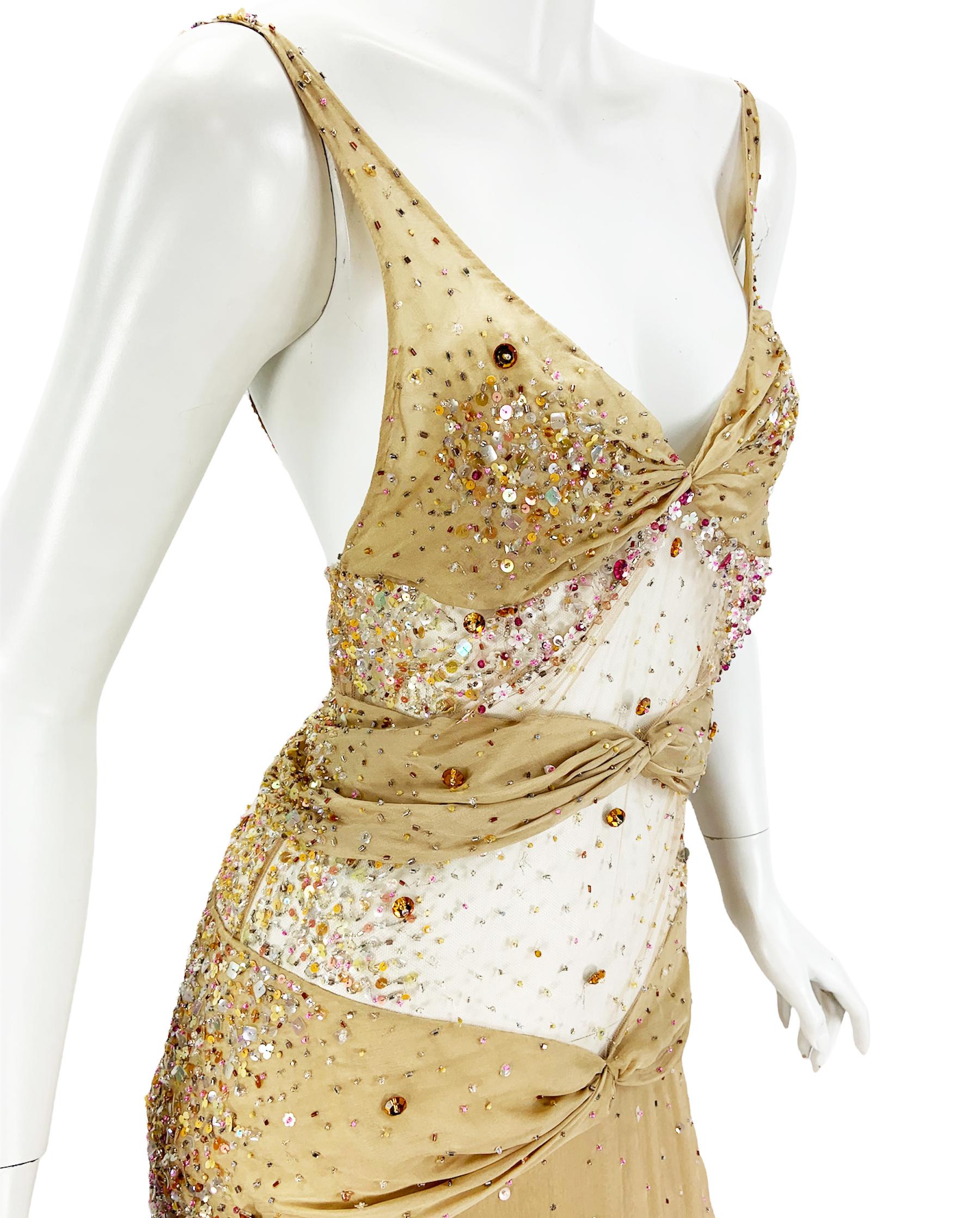 Vintage Valentino F/W 2000 Runway Nude Sexy Sheer Fully Embellished Dress Gown 8 in vendita 4