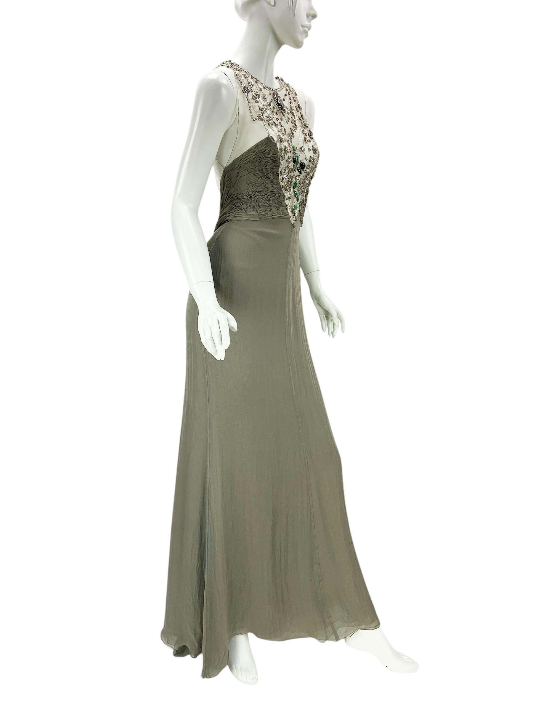 Gray Vintage Valentino F/W 2003 Silk Smoky Grey  Illusion Mesh Beaded Appliqués US 8