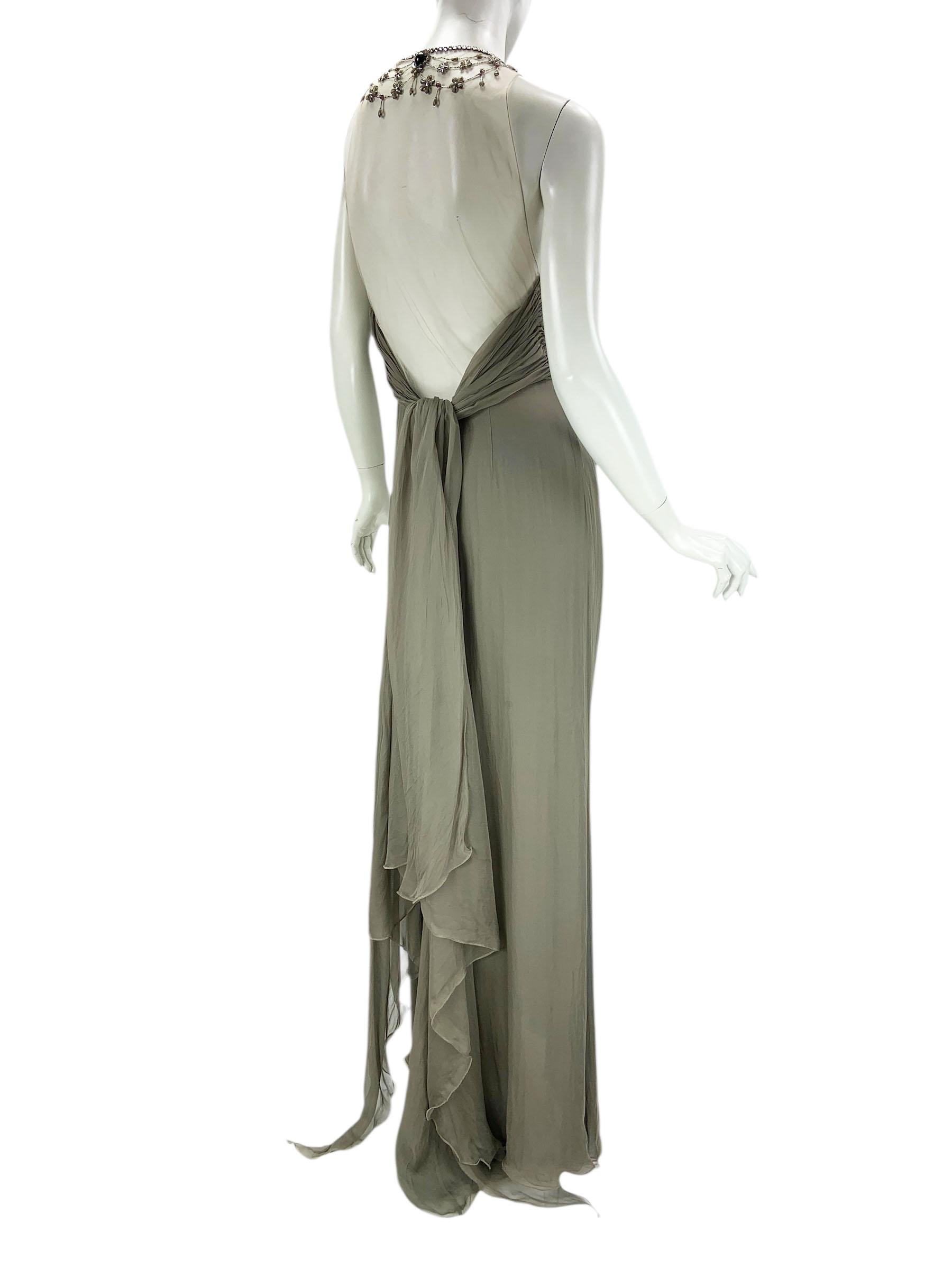 Vintage Valentino F/W 2003 Silk Smoky Grey  Illusion Mesh Beaded Appliqués US 8 In Excellent Condition In Montgomery, TX