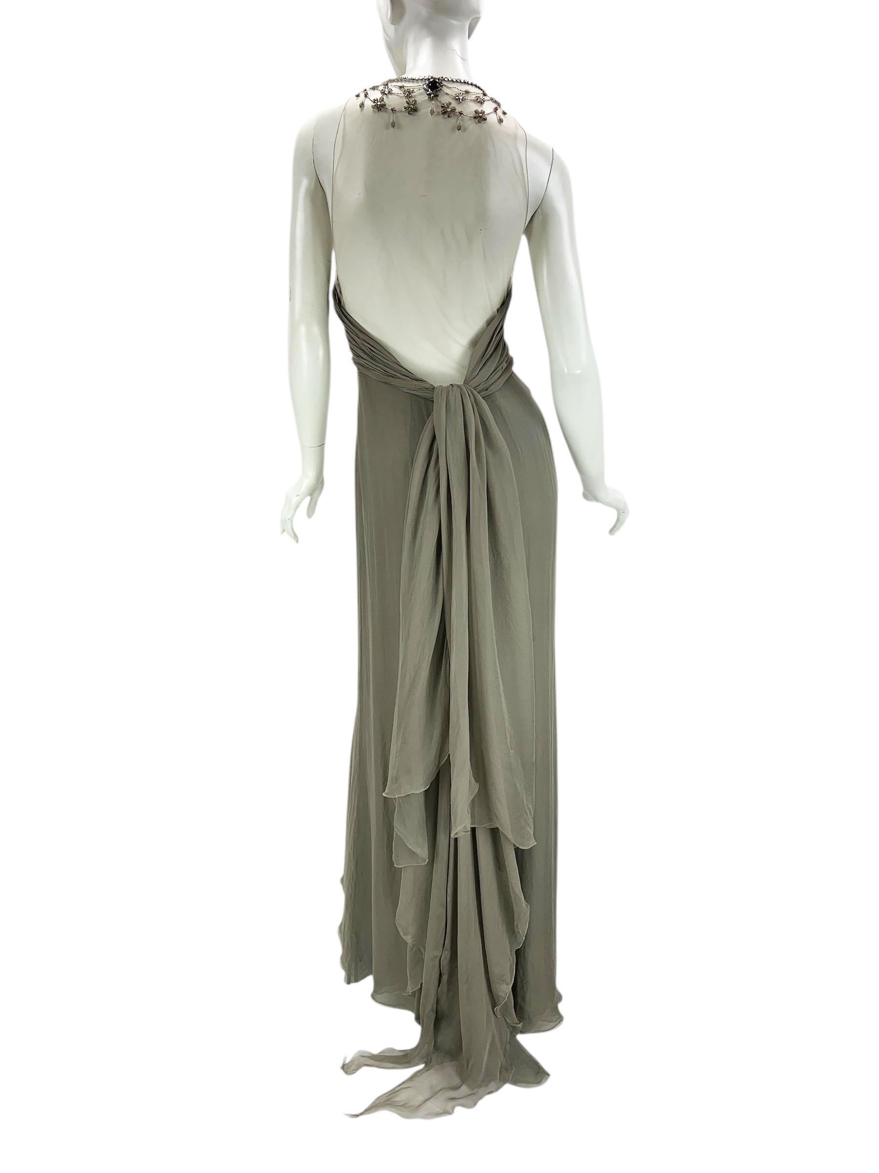 Women's Vintage Valentino F/W 2003 Silk Smoky Grey  Illusion Mesh Beaded Appliqués US 8