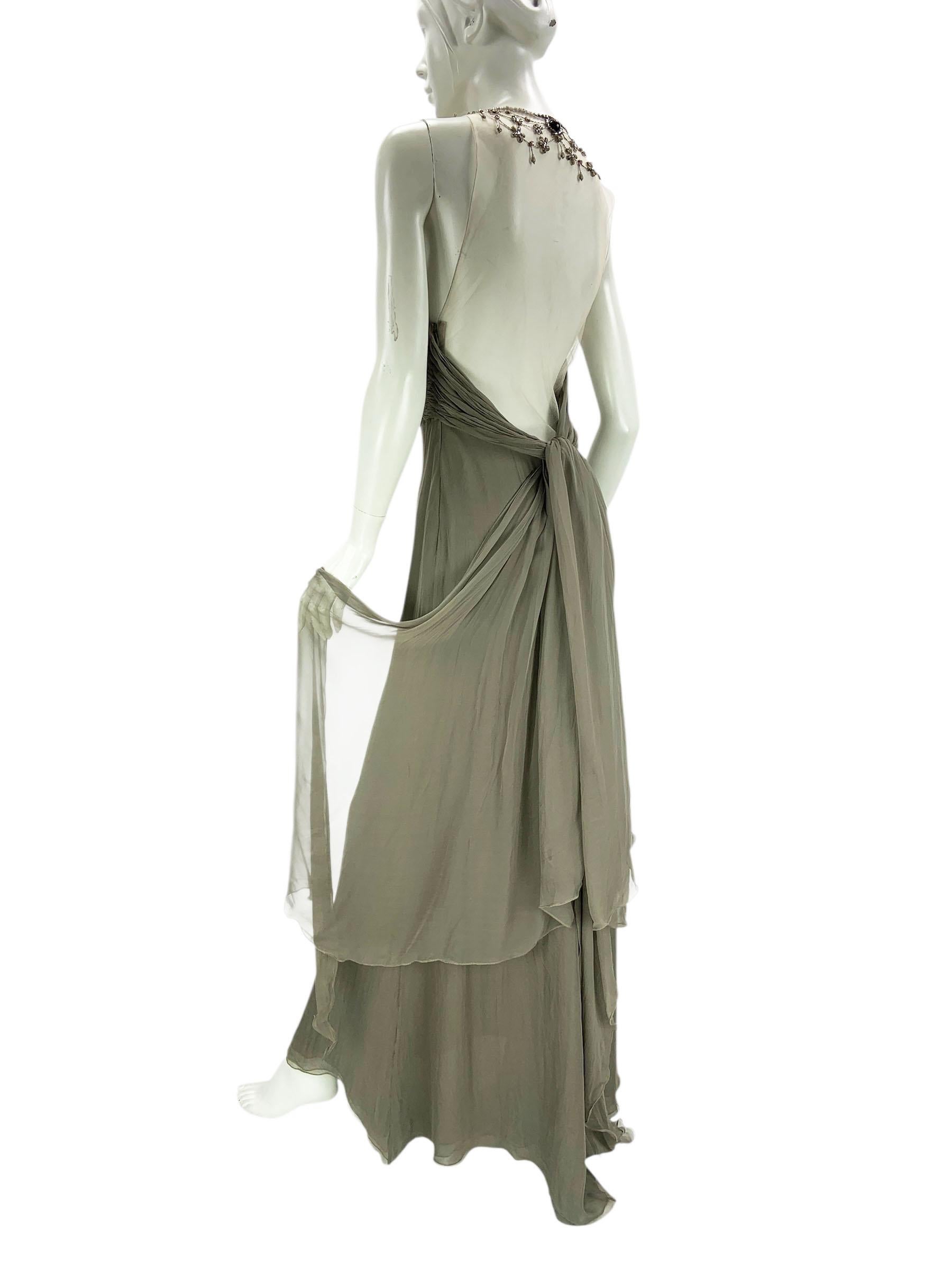 Vintage Valentino F/W 2003 Silk Smoky Grey  Illusion Mesh Beaded Appliqués US 8 2