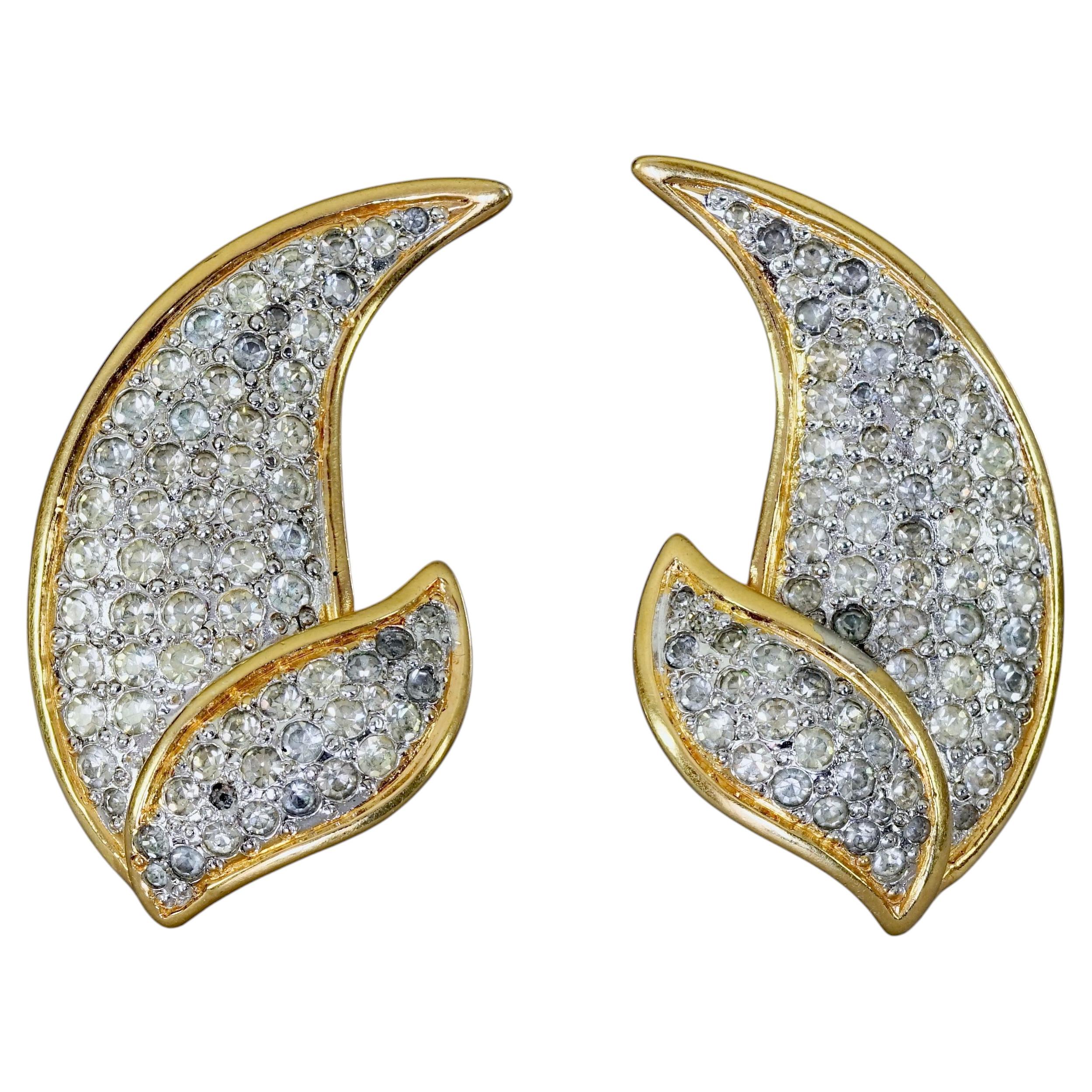 Vintage VALENTINO Futuristic Leaves Rhinestone Studded Earrings
