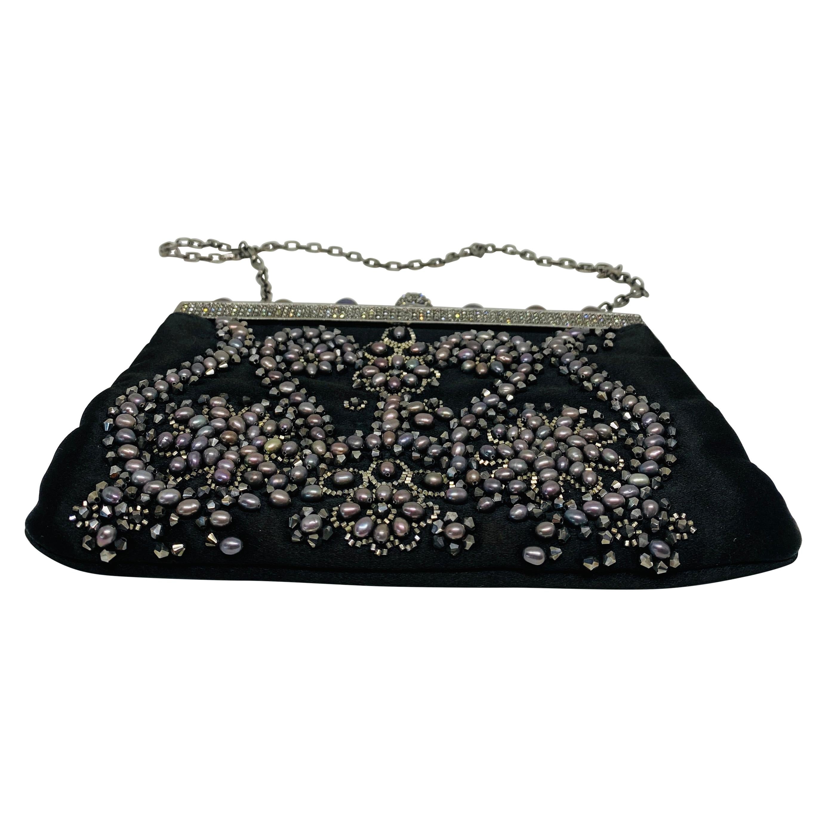 Vintage VALENTINO Garavani Black Bead Pearl Evening Mini Clutch Bag w/ Chain 