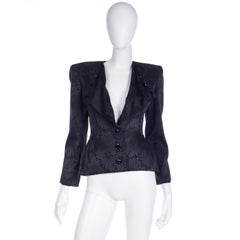 Vintage Valentino Garavani Black Jacquard Tonal Botanical Print Silk Jacket