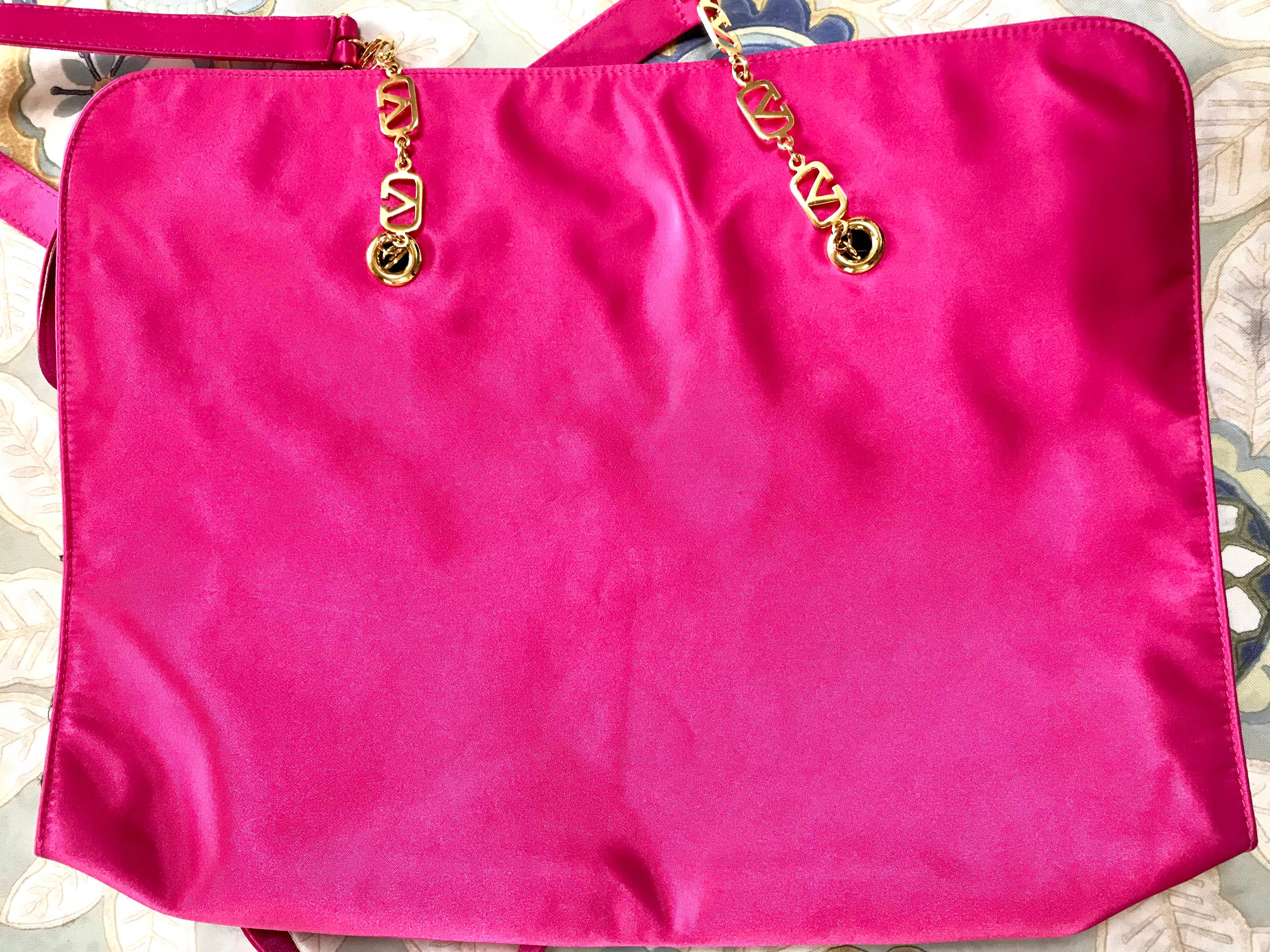Pink Vintage Valentino Garavani pink satin large tote with gold tone V  logo straps. For Sale