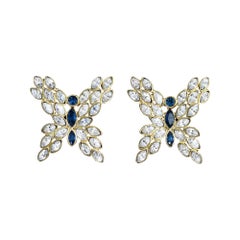 Vintage Valentino Gold Crystal Sapphire Blue Butterfly Earrings Circa 1990s