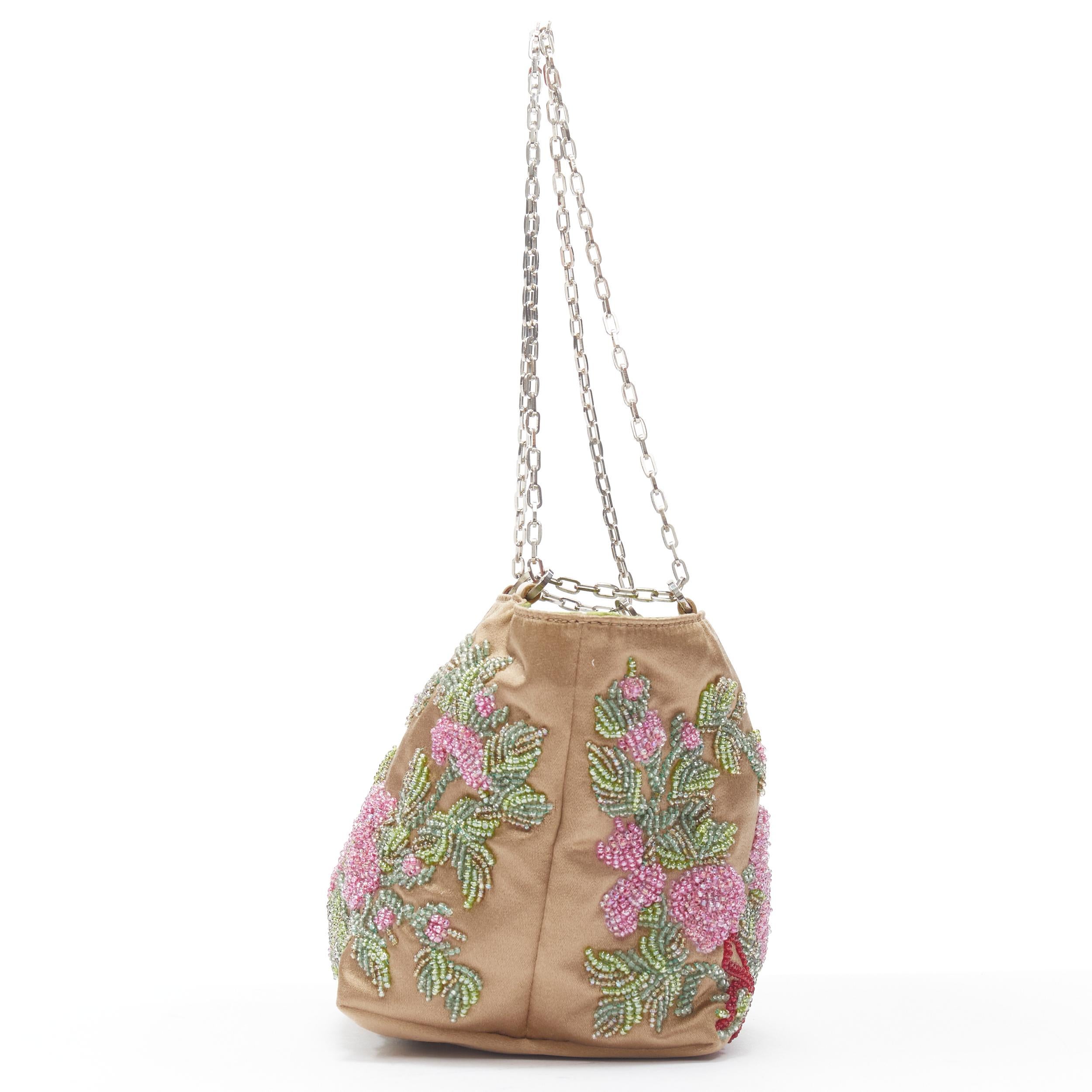 Brown vintage VALENTINO gold satin pink floral embellished chain handle purse bag