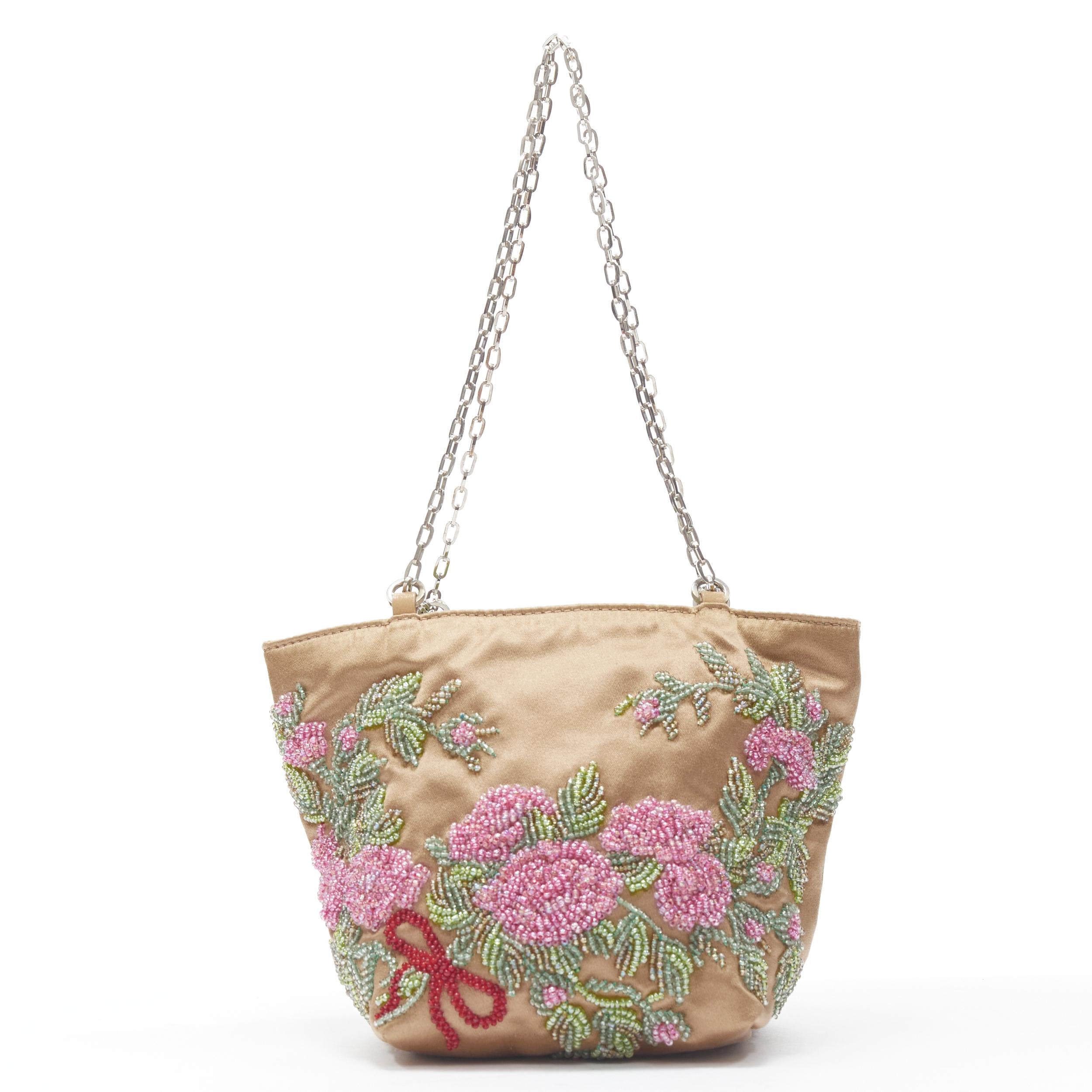 Women's vintage VALENTINO gold satin pink floral embellished chain handle purse bag