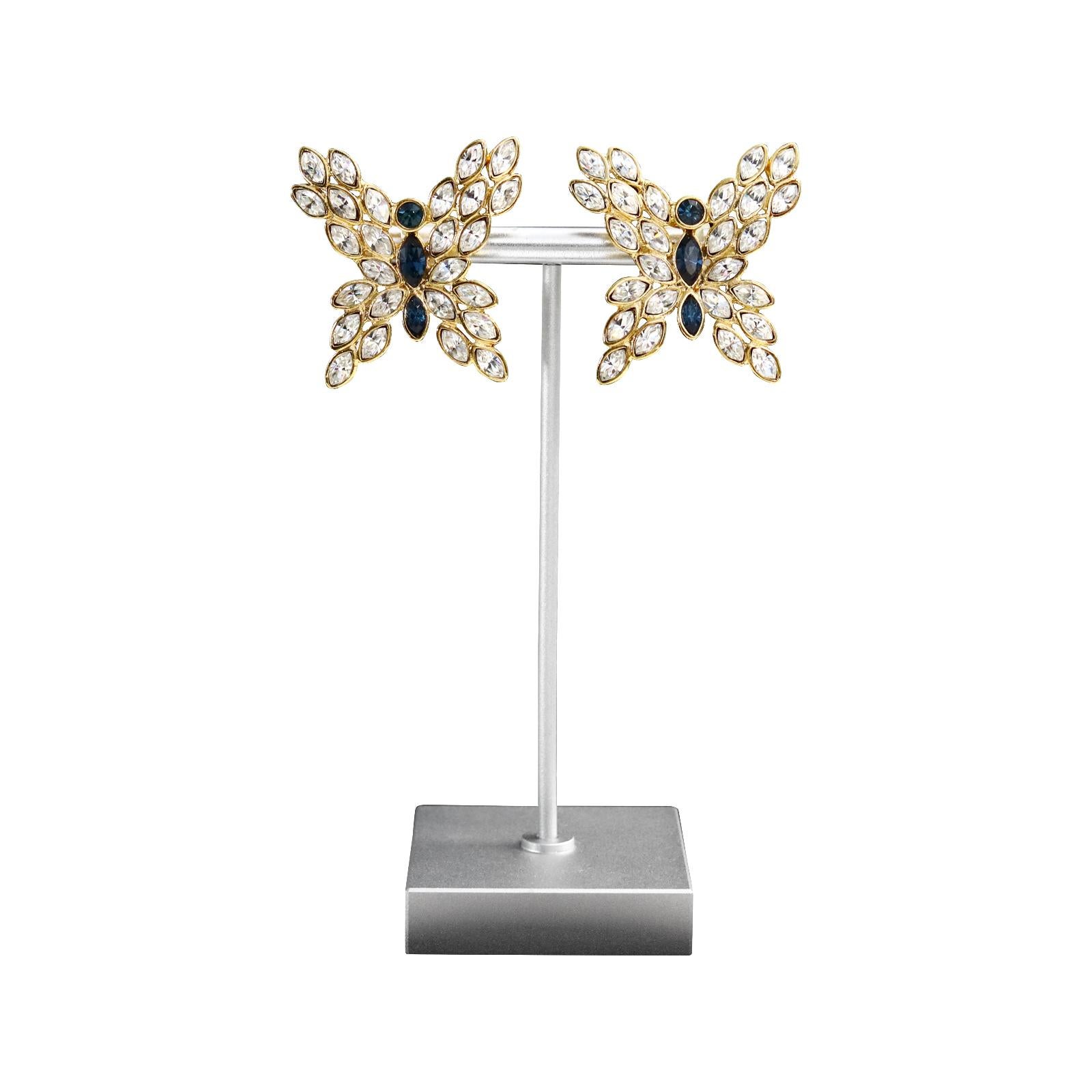 Modern Vintage Valentino Gold Crystal Sapphire Blue Butterfly Earrings Circa 1990s For Sale