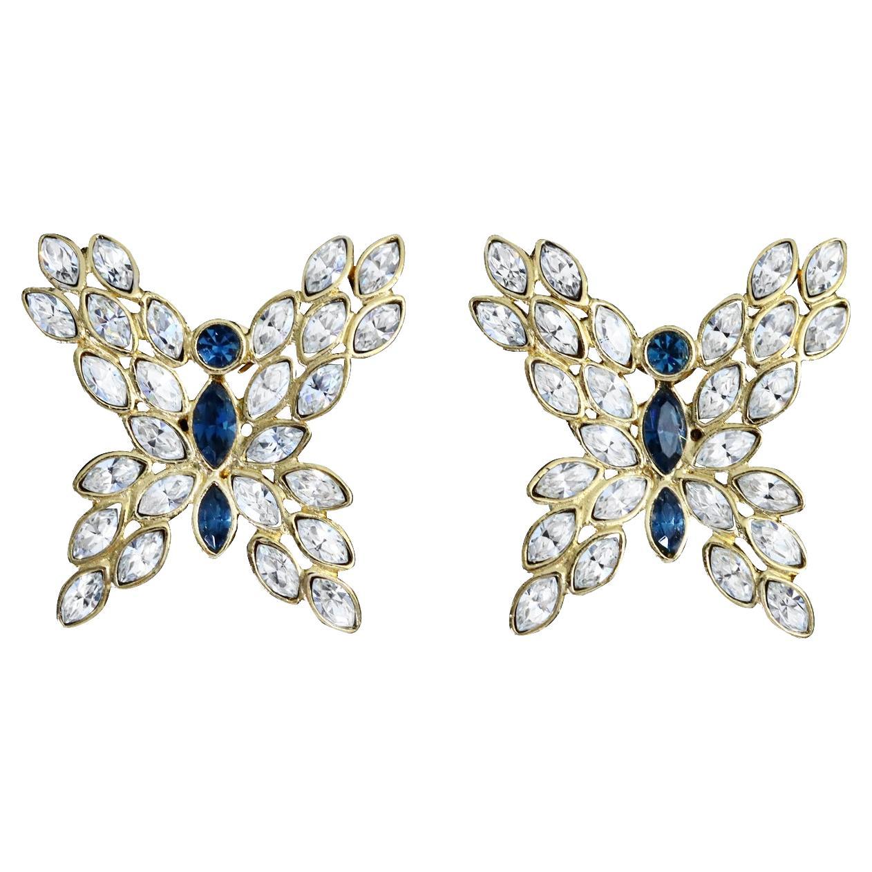 Vintage Valentino Gold Crystal Sapphire Blue Butterfly Earrings Circa 1990s