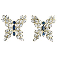 Vintage Valentino Gold Crystal Sapphire Blue Butterfly Earrings Circa 1990s