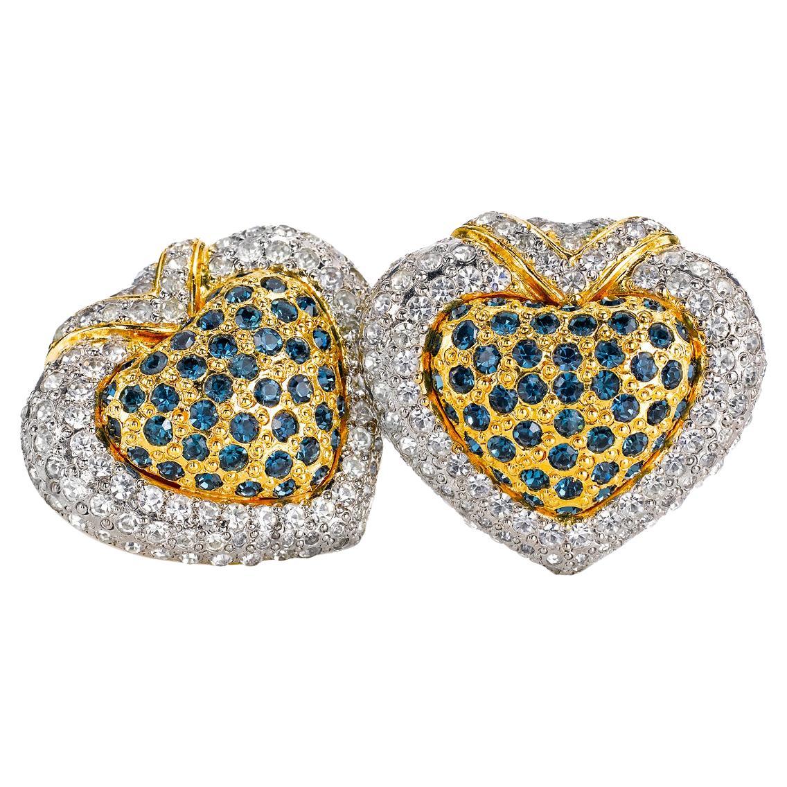 Vintage Valentino Gold Tone with Sapphire and Rhinestone Earrings, Circa 1980s