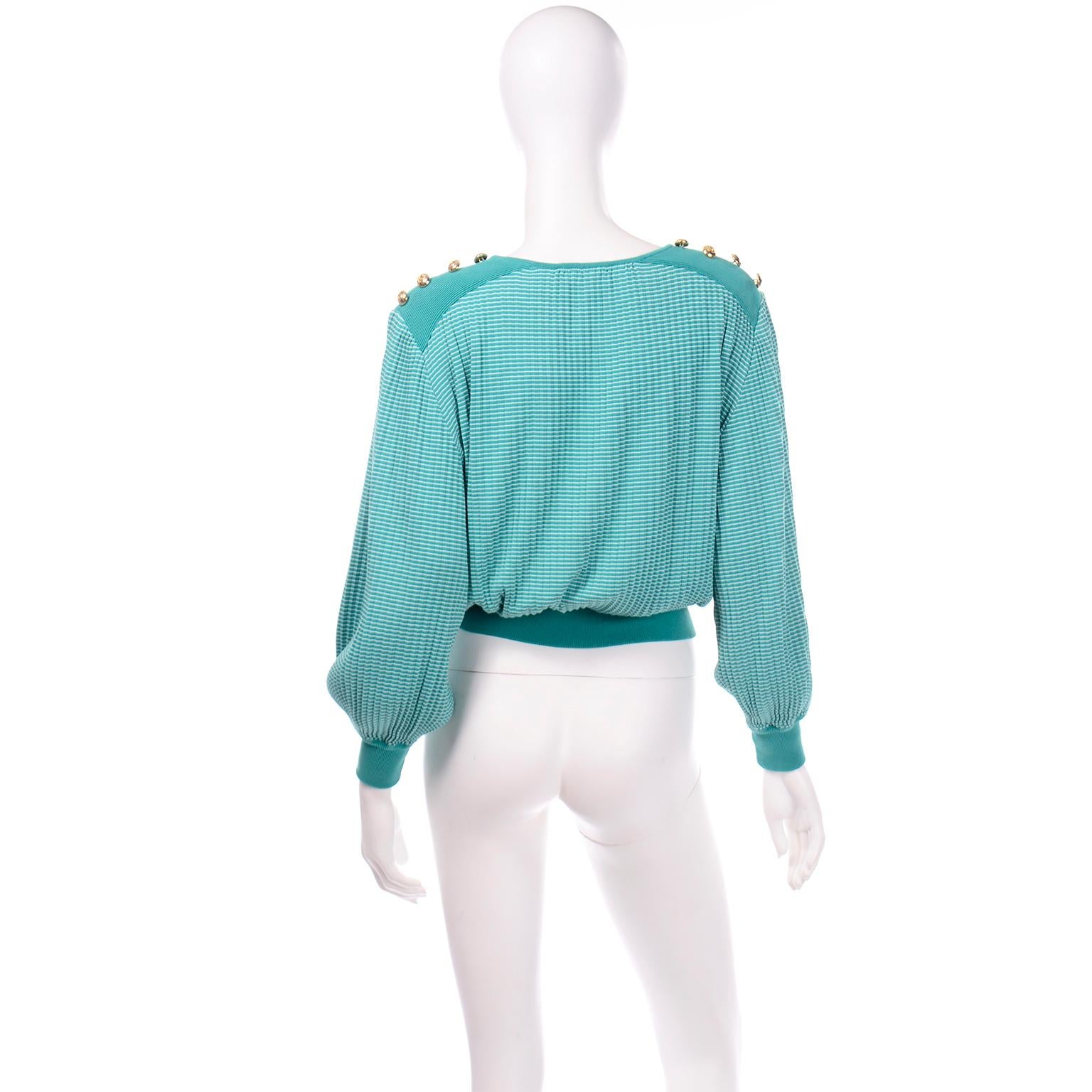 Women's Vintage Valentino Green Knit Top With Gold Buttons And Bishop Sleeves