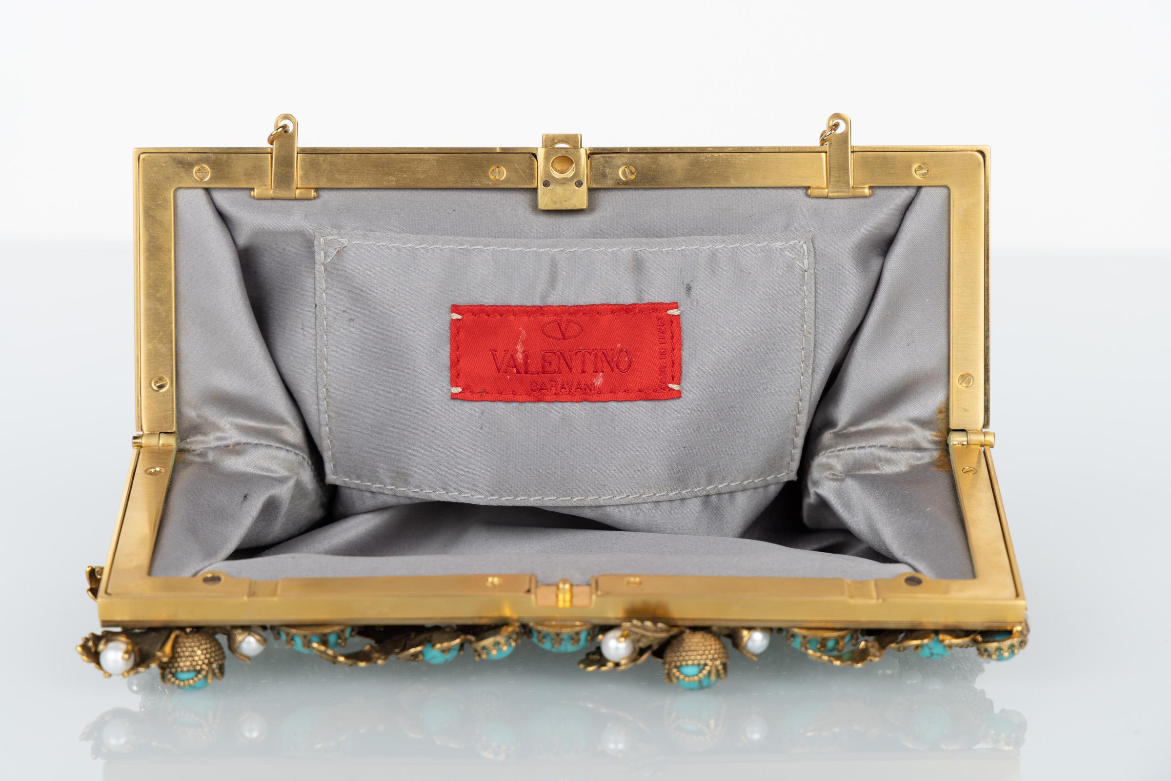 Vintage Valentino Green Satin Pearl & Turquoise Embelished Gold Leaf Bag/ Clutch 2