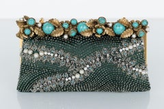 Vintage Valentino Green Satin Pearl & Turquoise Embelished Gold Leaf Bag/ Clutch