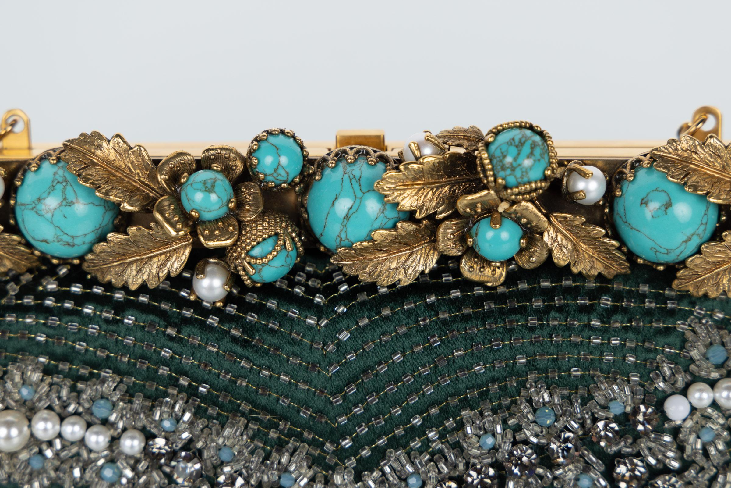 Black Vintage Valentino Green Satin Pearl & Turquoise Embelished Gold Leaf Bag/ Clutch