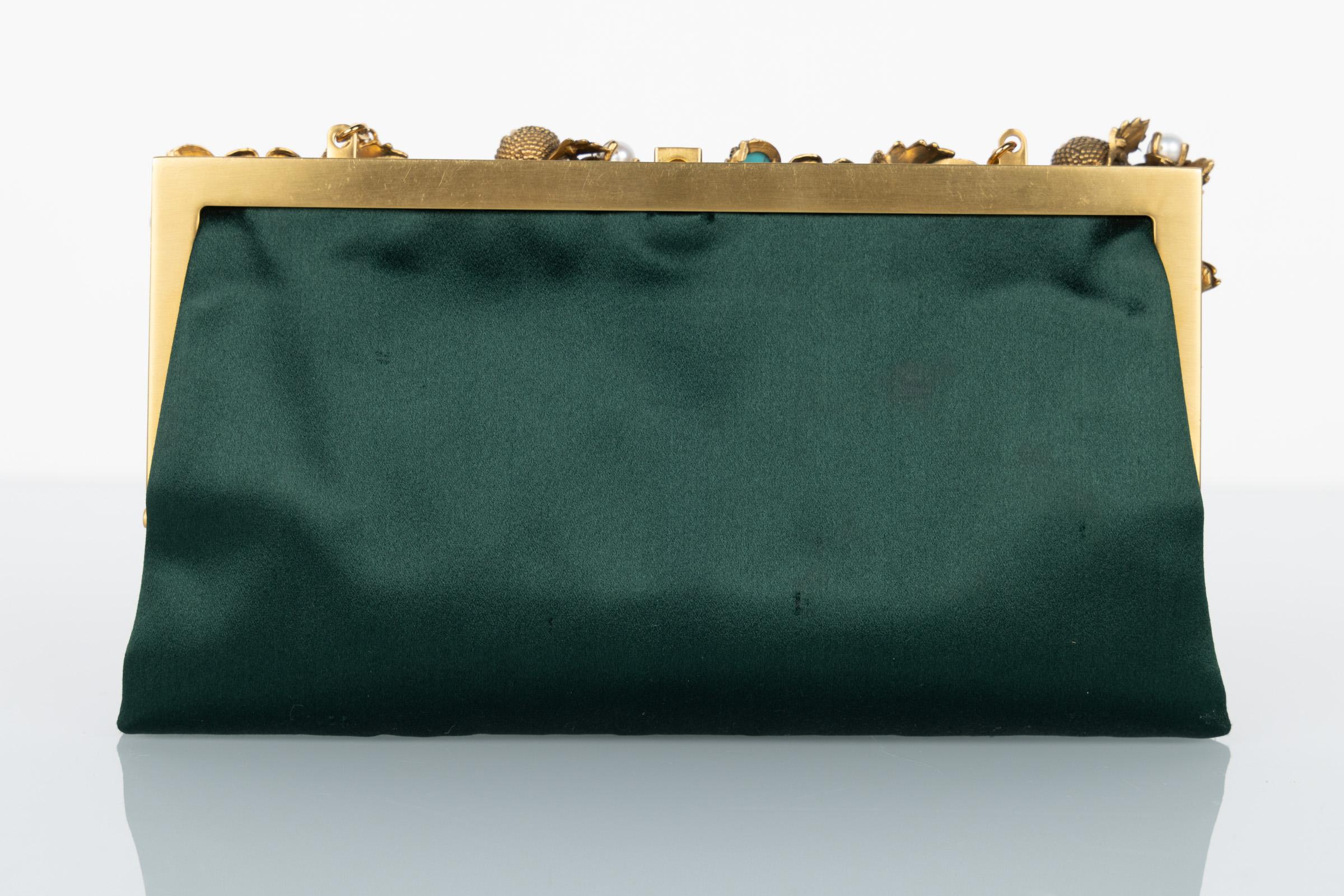 Vintage Valentino Green Satin Pearl & Turquoise Embelished Gold Leaf Bag/ Clutch 1