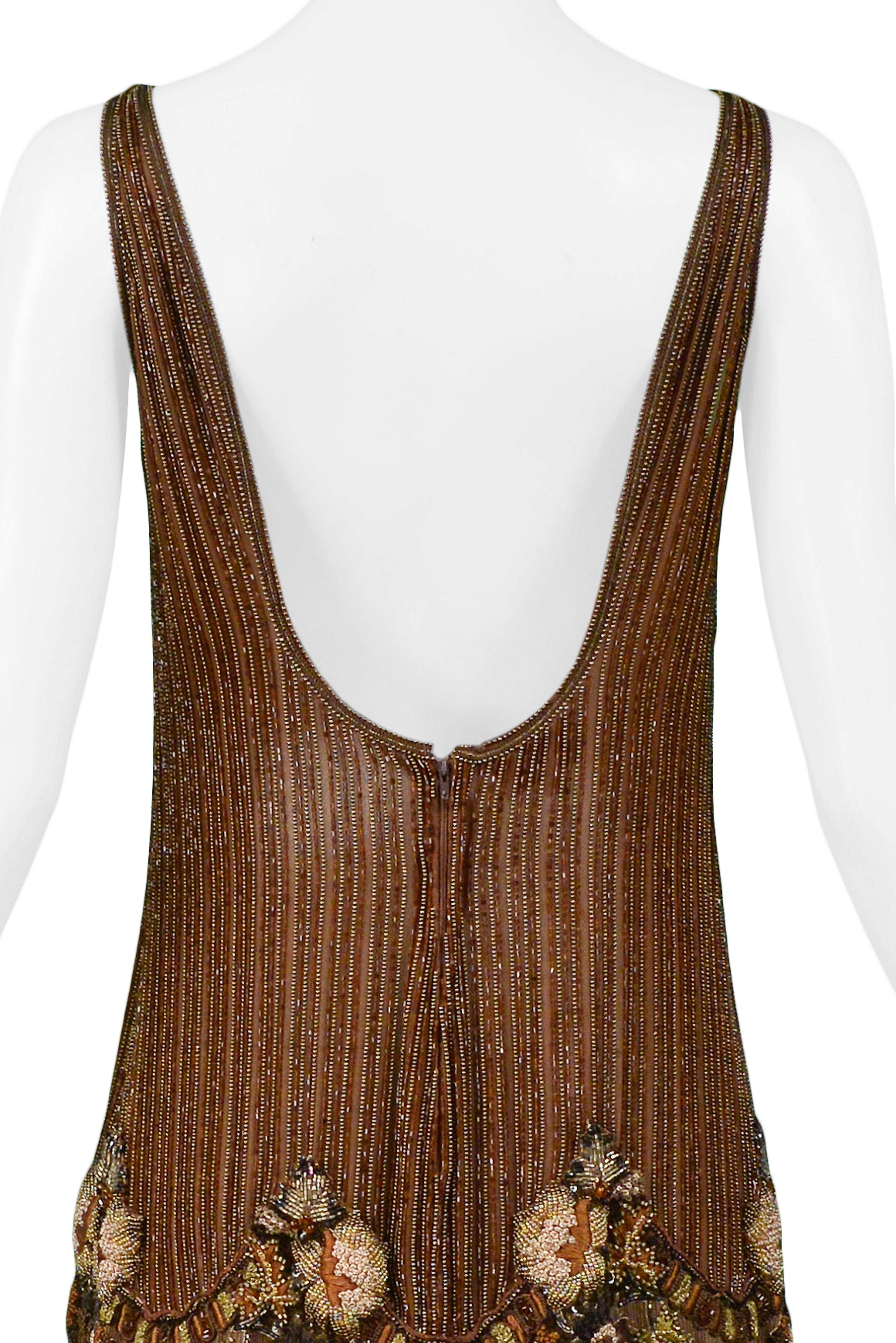 Brown Vintage Valentino Heavily Beaded Floral Mini Dress For Sale