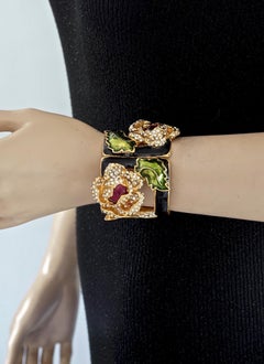 Vintage VALENTINO Intricate Flower Rhinestone Enamel Rigid Cuff Bracelet