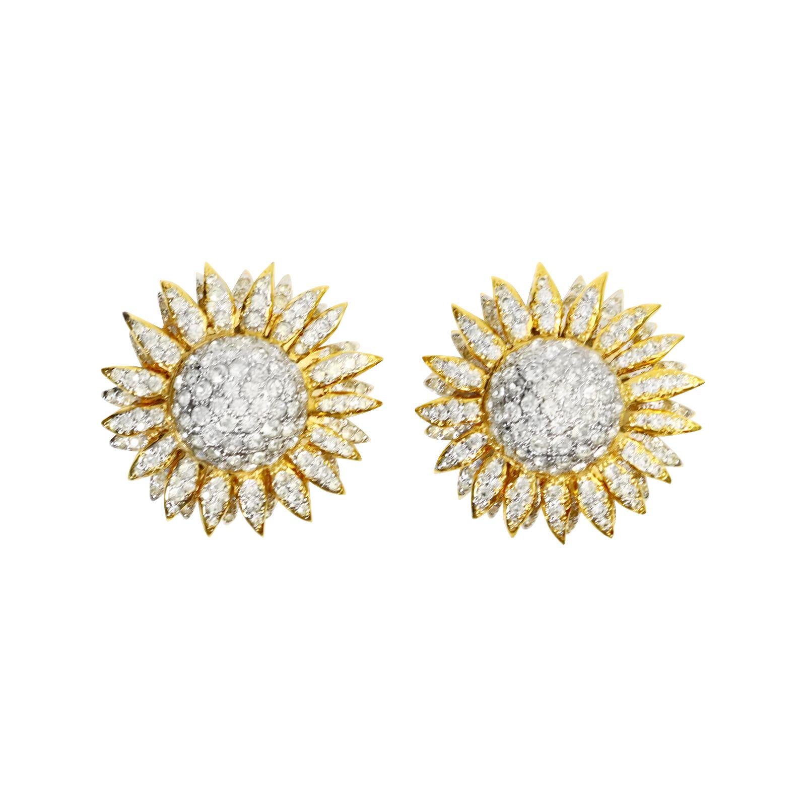 Vintage Valentino Large Crystal Gold Sunflower Earrings In Good Condition In New York, NY