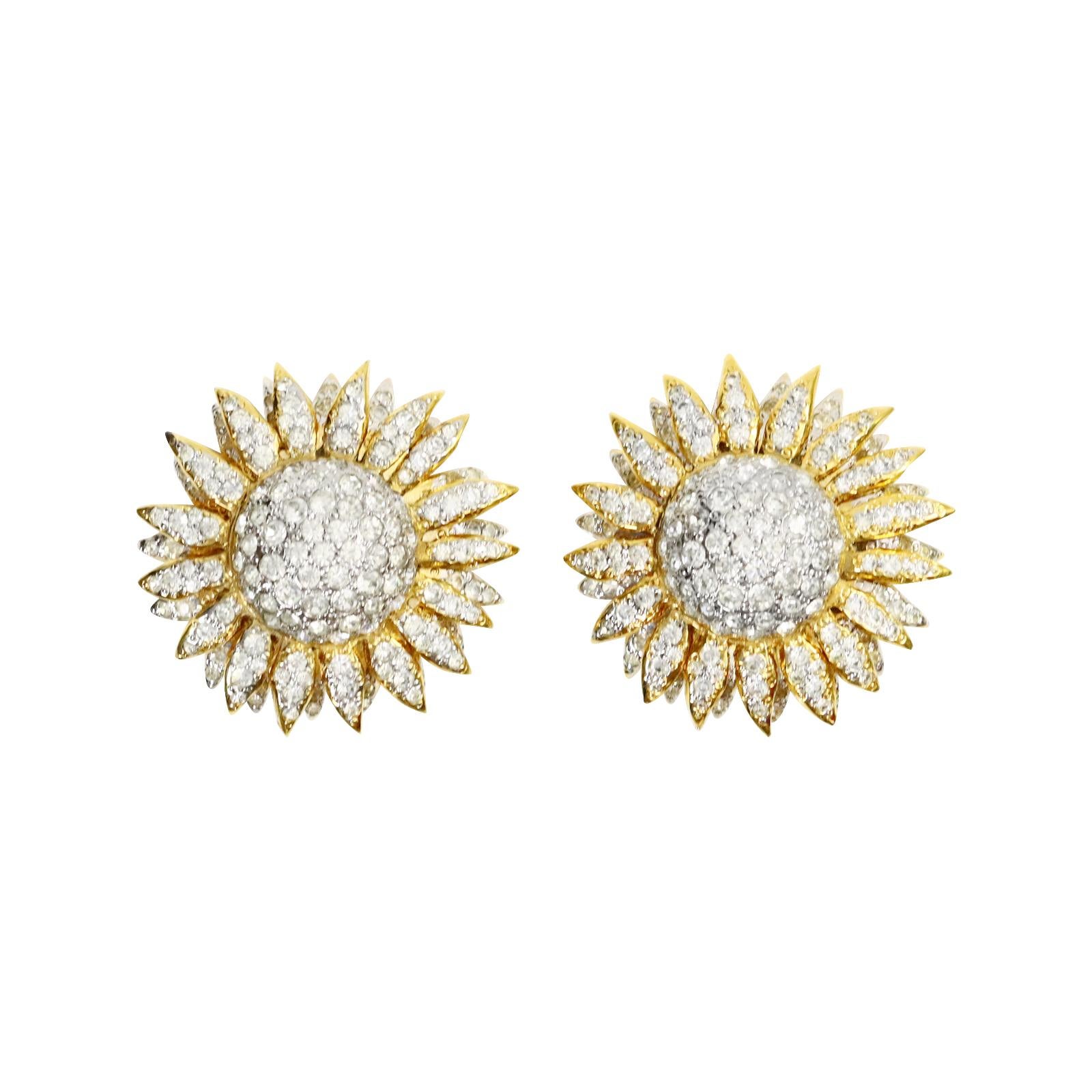 Women's or Men's Vintage Valentino Large Crystal Gold Sunflower Earrings