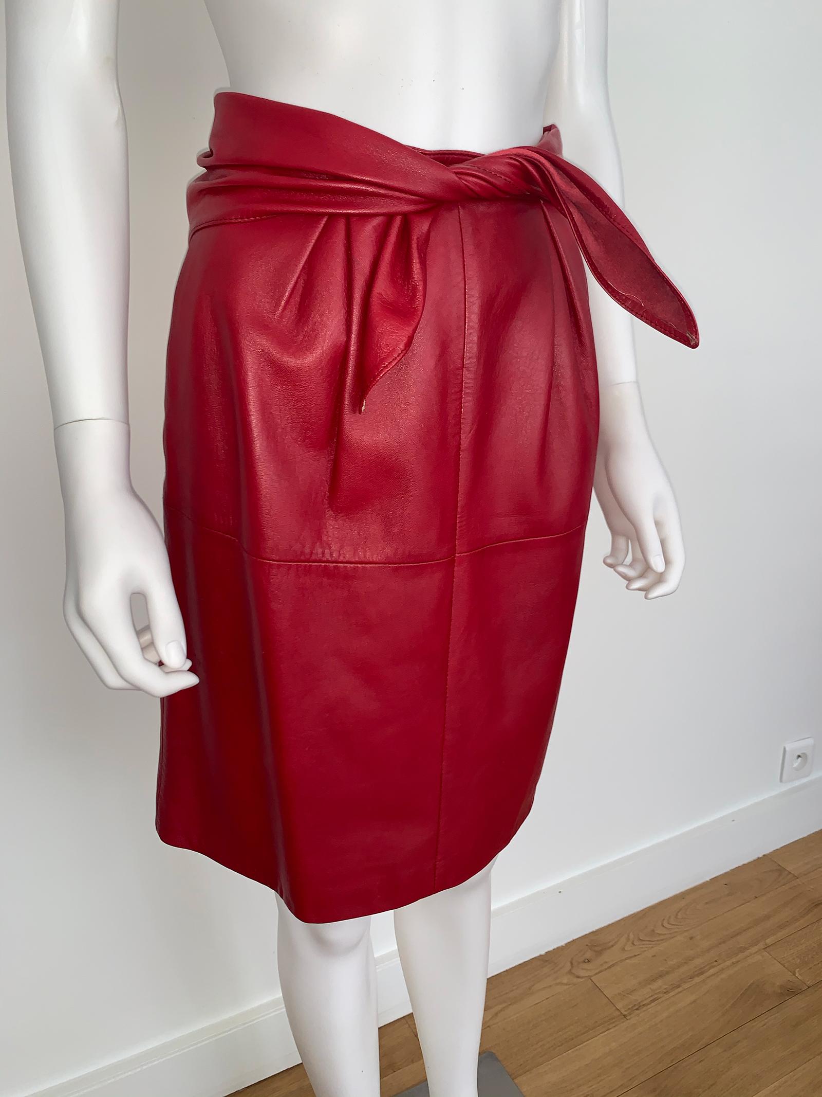 Red Vintage Valentino Leather Pencil Skirt 