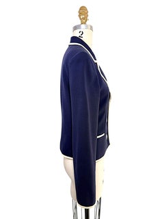 Vintage Valentino Navy Contrast Trim Cropped Tailored Blazer Jacket