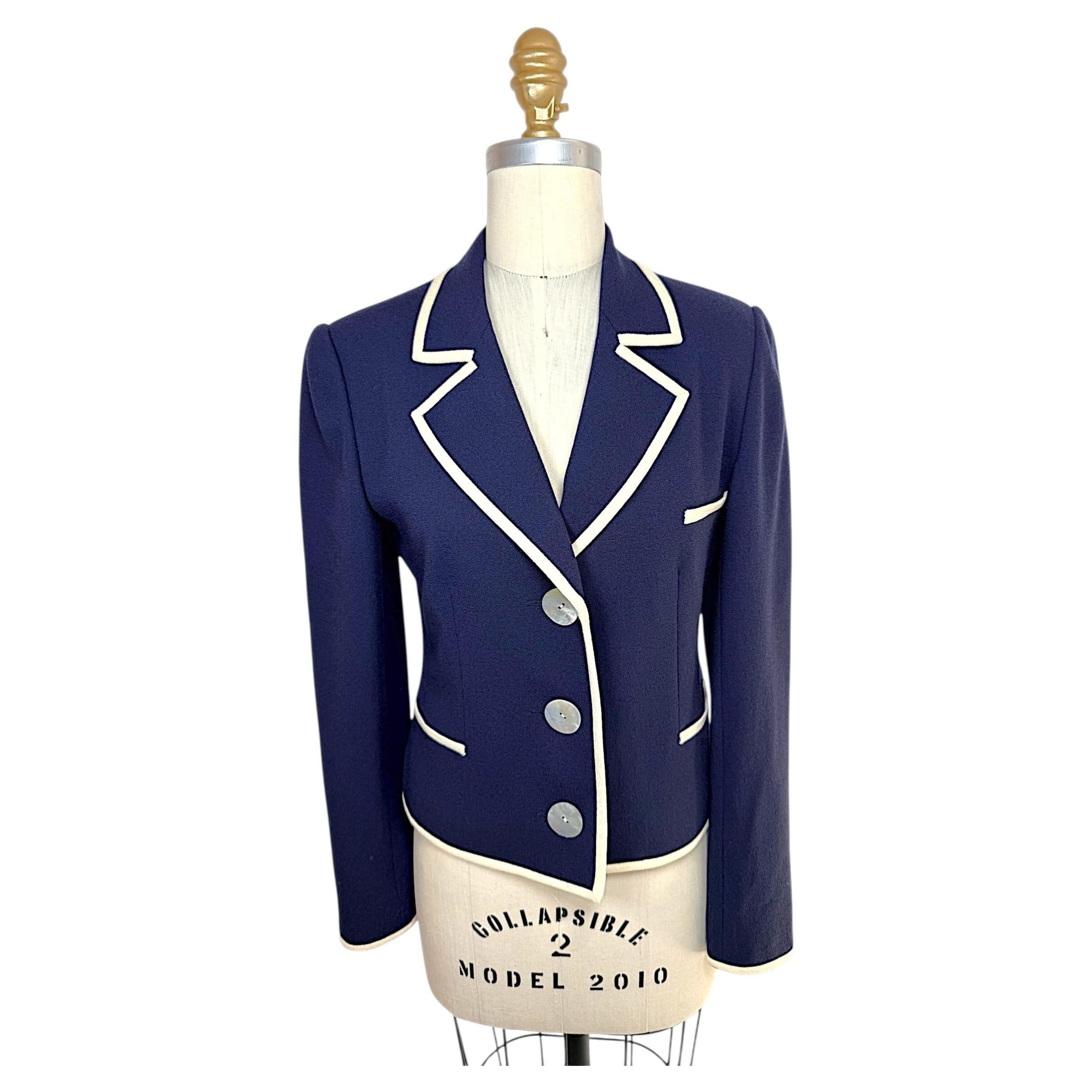 Pre-owned Valentino Vintage  Navy Contrast Trim Cropped Tailored Blazer Jacket In Blue