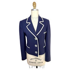 Vintage Valentino Navy Contrast Trim Cropped Tailored Blazer Jacket