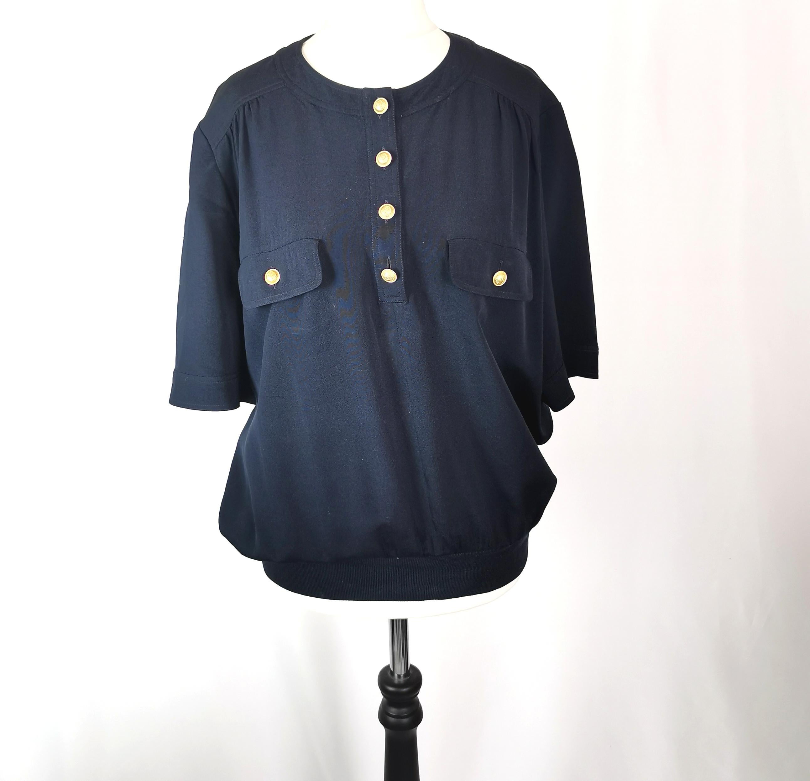 Vintage Valentino navy silk pullover blouse, Miss V For Sale 6