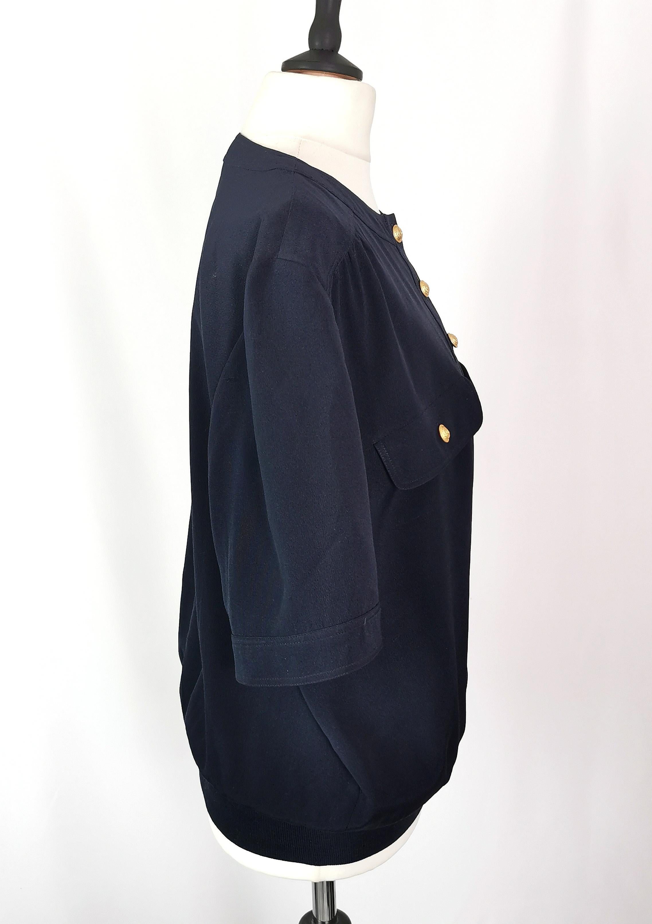 Black Vintage Valentino navy silk pullover blouse, Miss V  For Sale