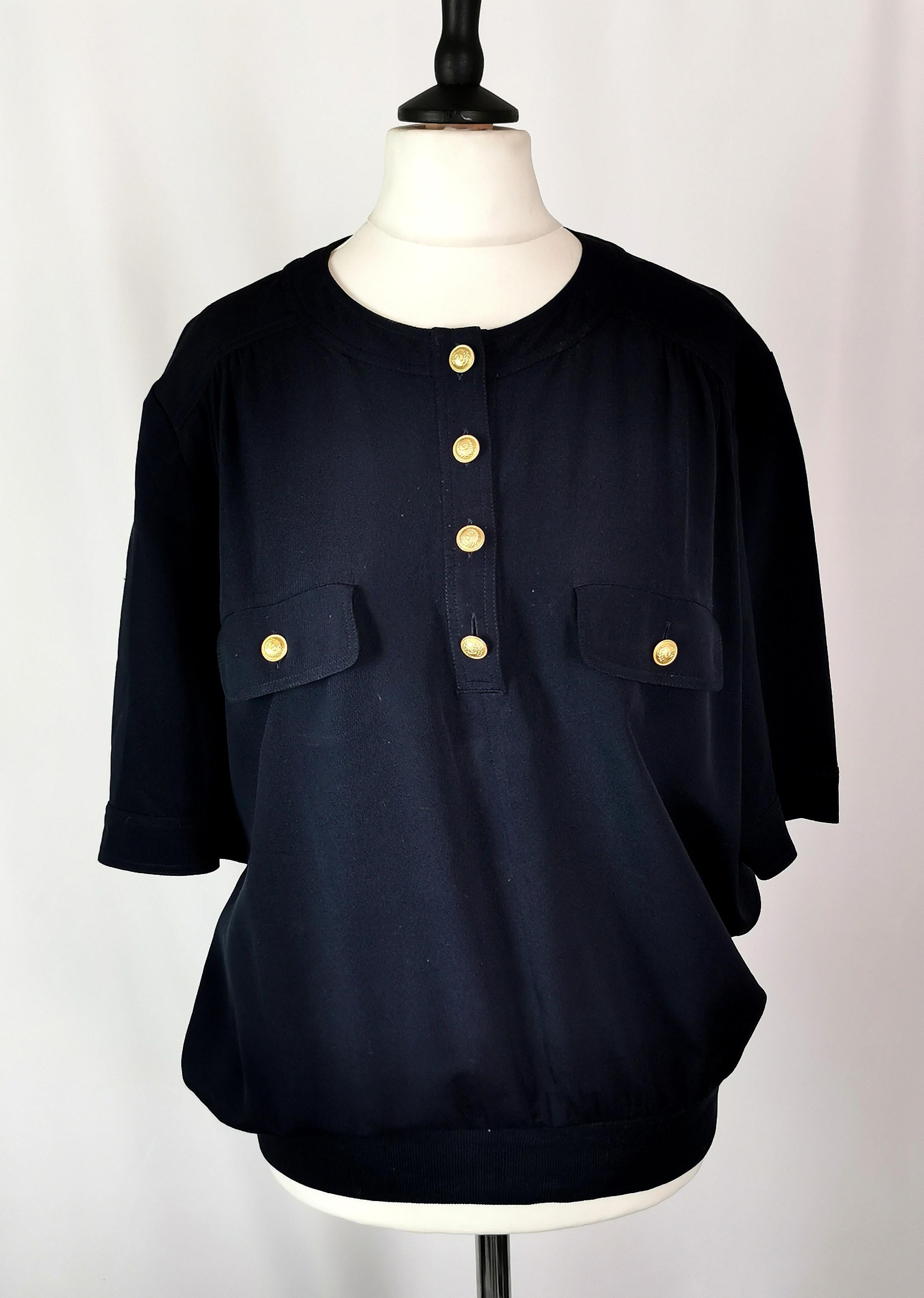 Vintage Valentino navy silk pullover blouse, Miss V For Sale 4