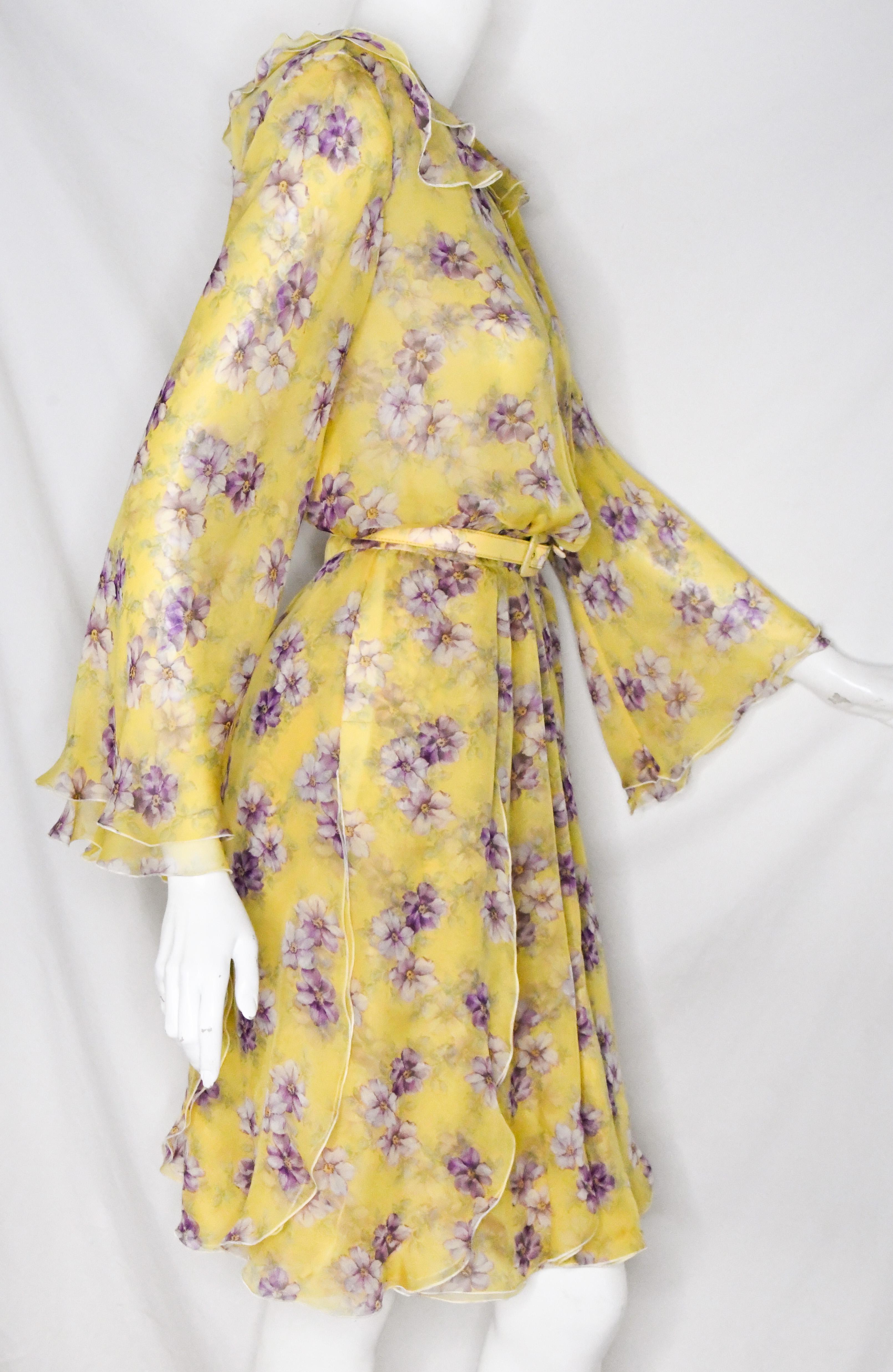 Beige Vintage Valentino Night 100% Silk Sunburst Yellow Floral Print Dress With Belt  For Sale