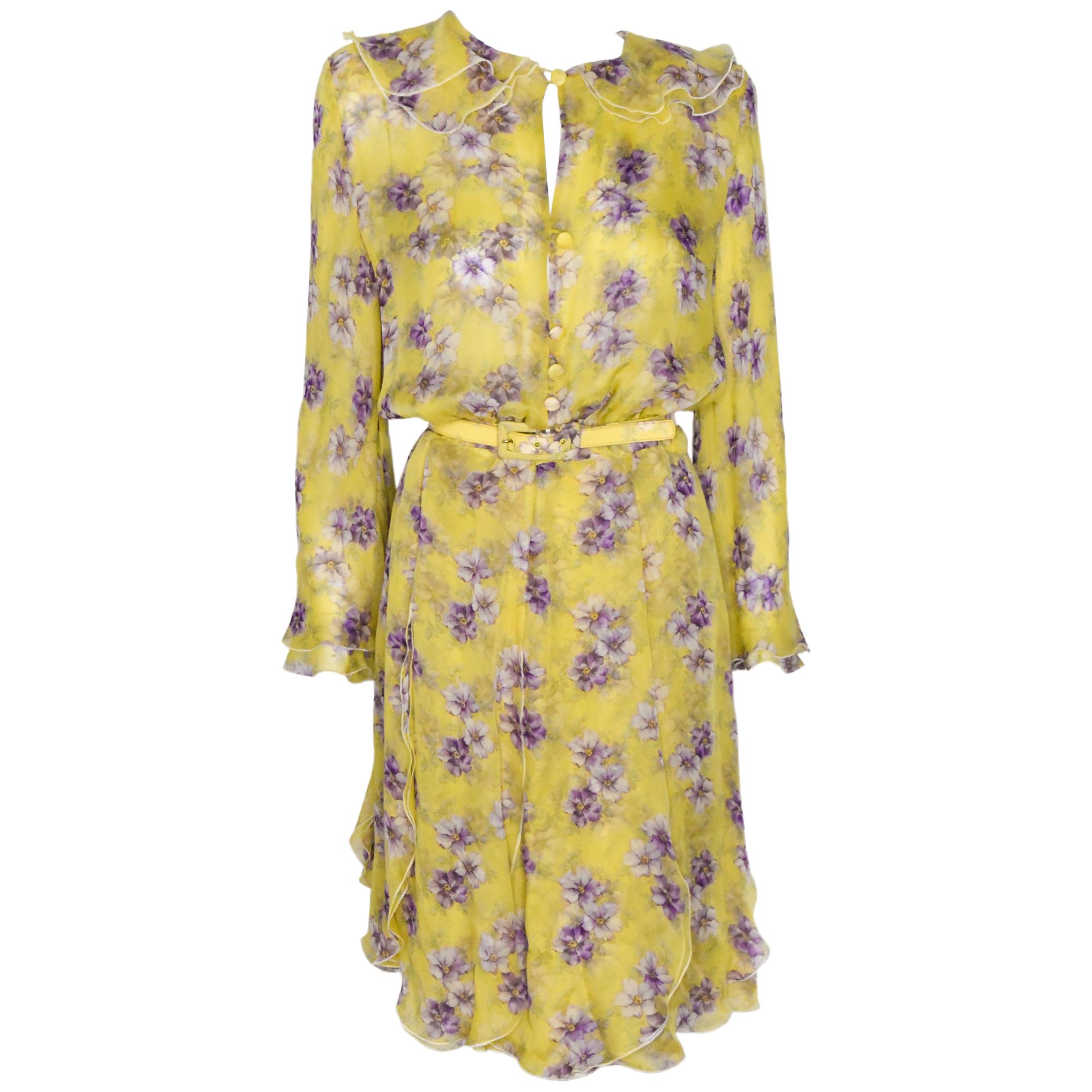 Vintage Valentino Night 100% Silk Sunburst Yellow Floral Print Dress With Belt  For Sale