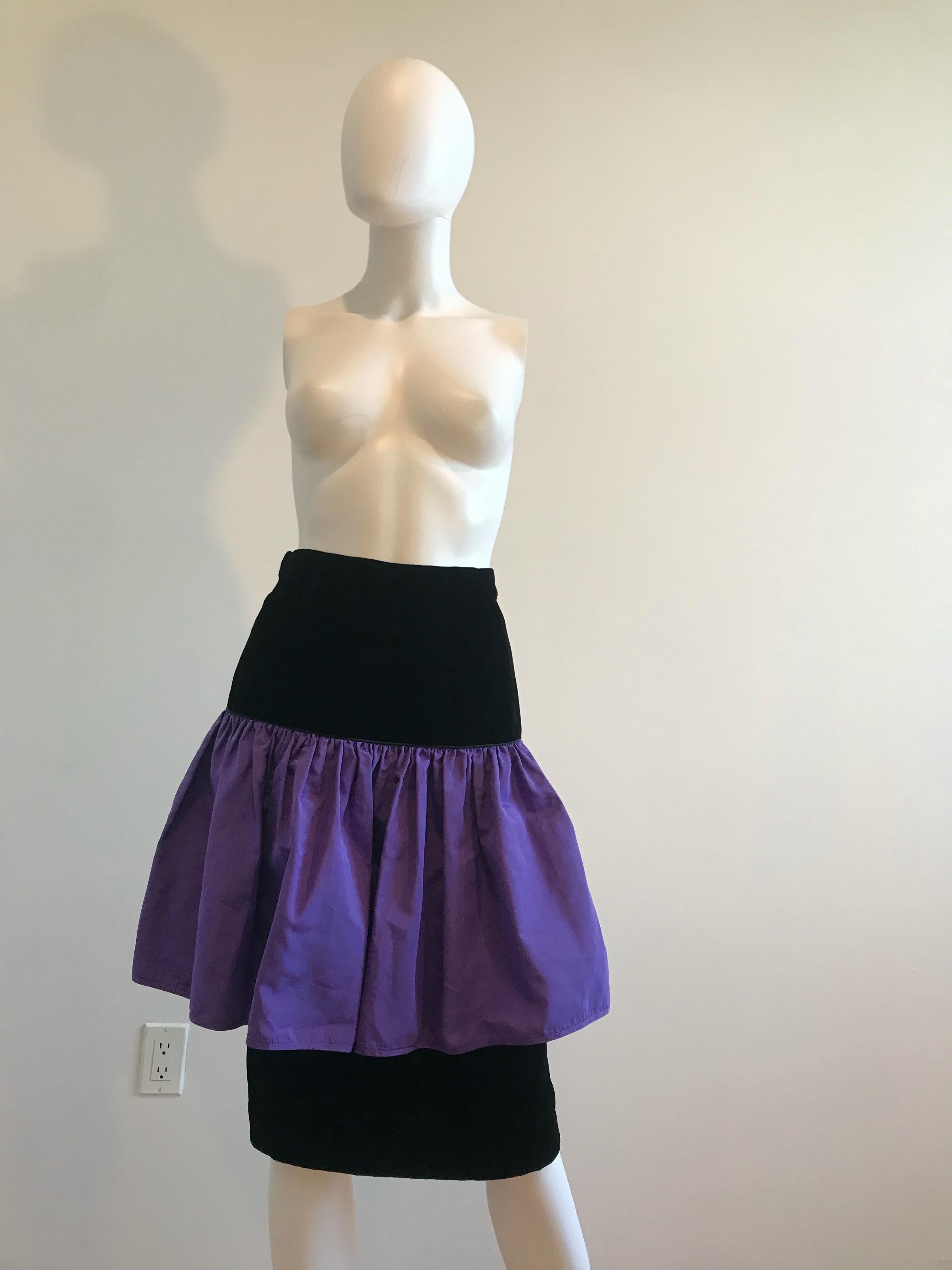 Women's or Men's 1990's Vintage Valentino Night Purple Flounce Silk and Black Velvet Skirt  For Sale