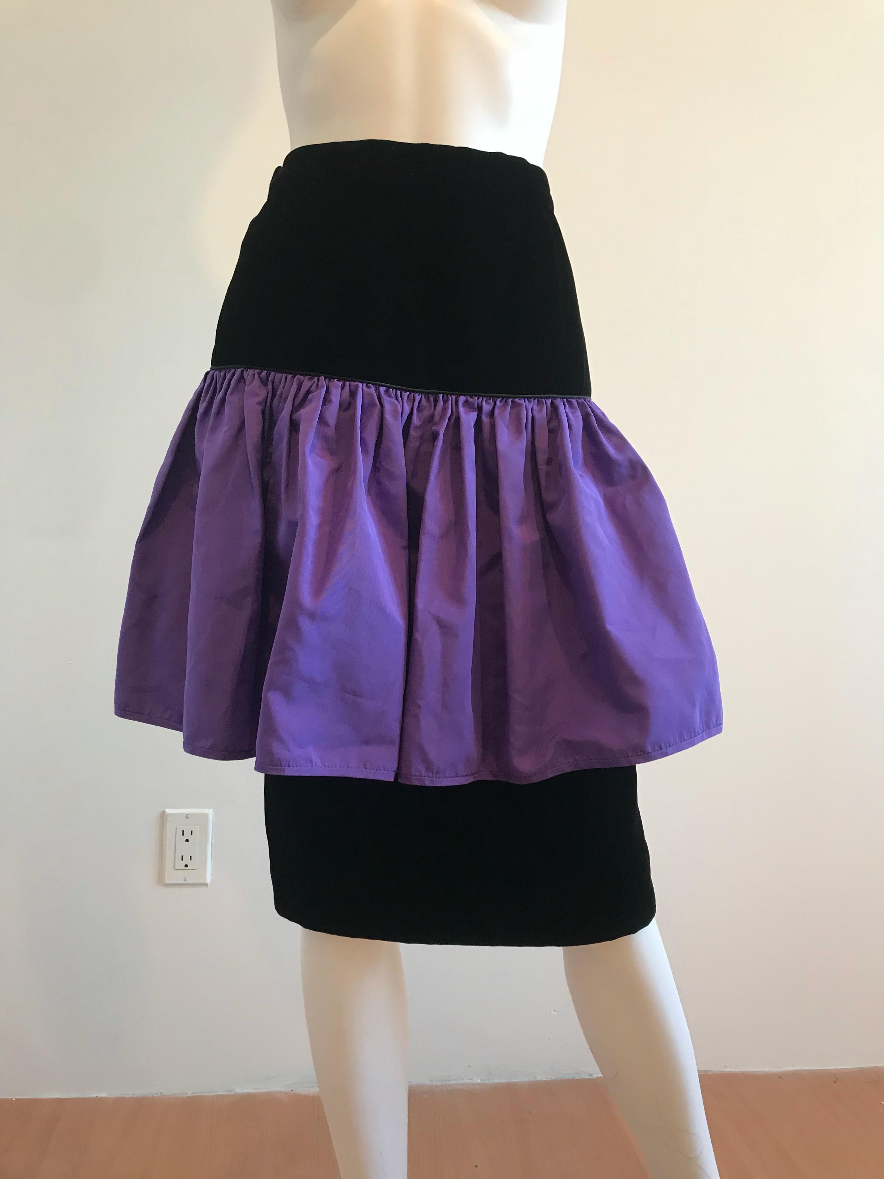 1990's Vintage Valentino Night Purple Flounce Silk and Black Velvet Skirt  For Sale 1