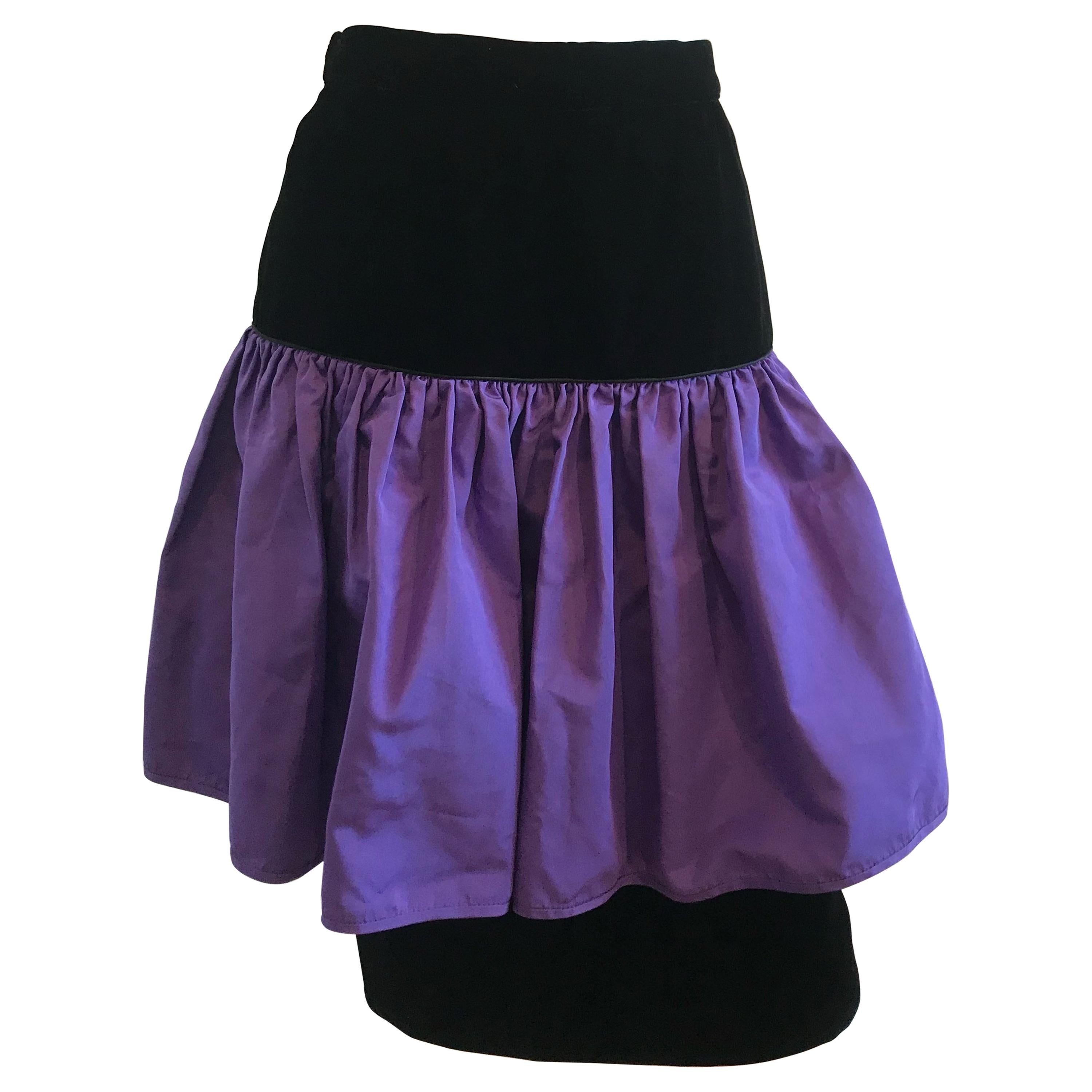 1990's Vintage Valentino Night Purple Flounce Silk and Black Velvet Skirt  For Sale