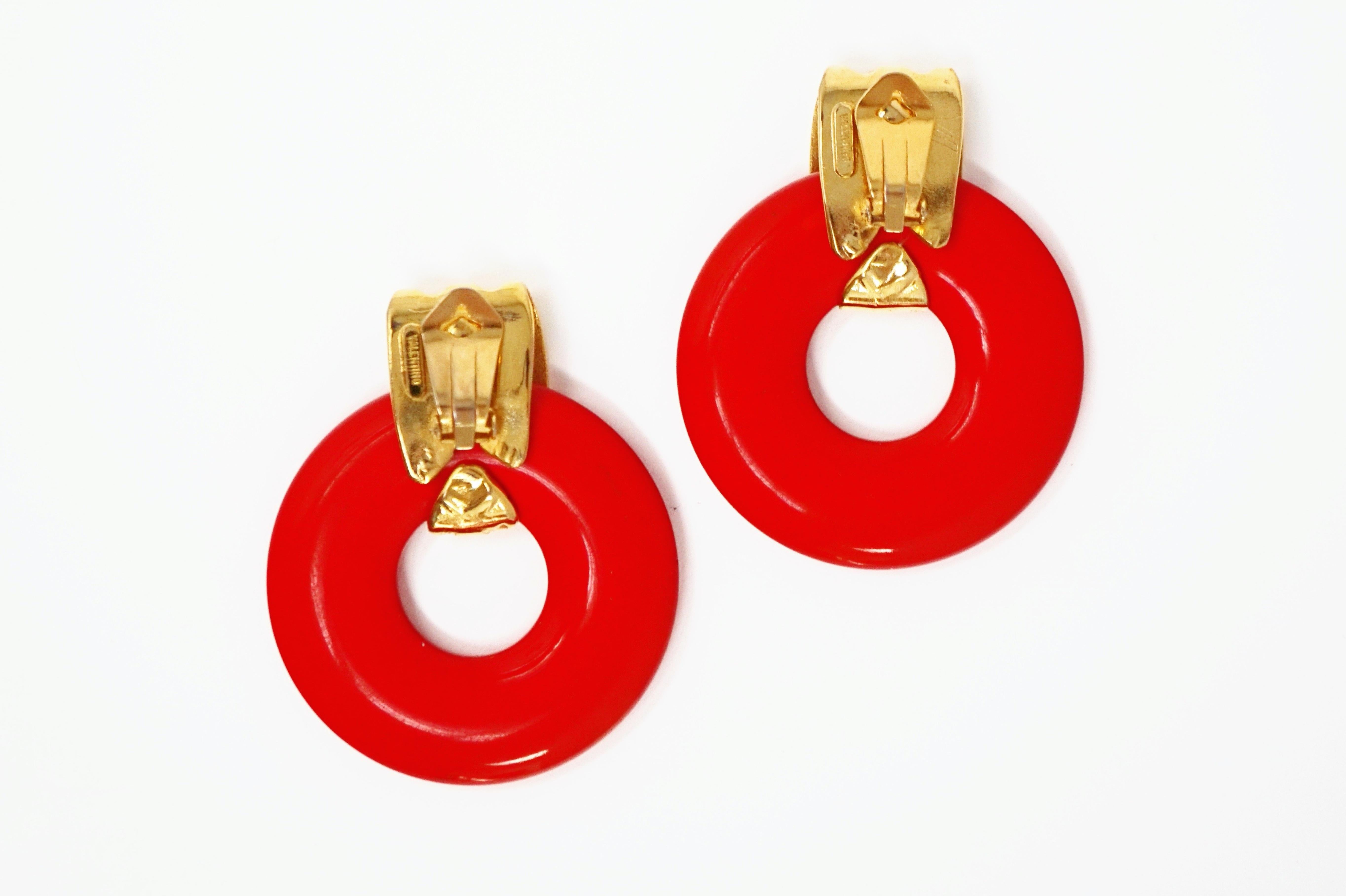 Women's Vintage Valentino Oversized Lipstick Red Bakelite Hoop Earrings, Signed