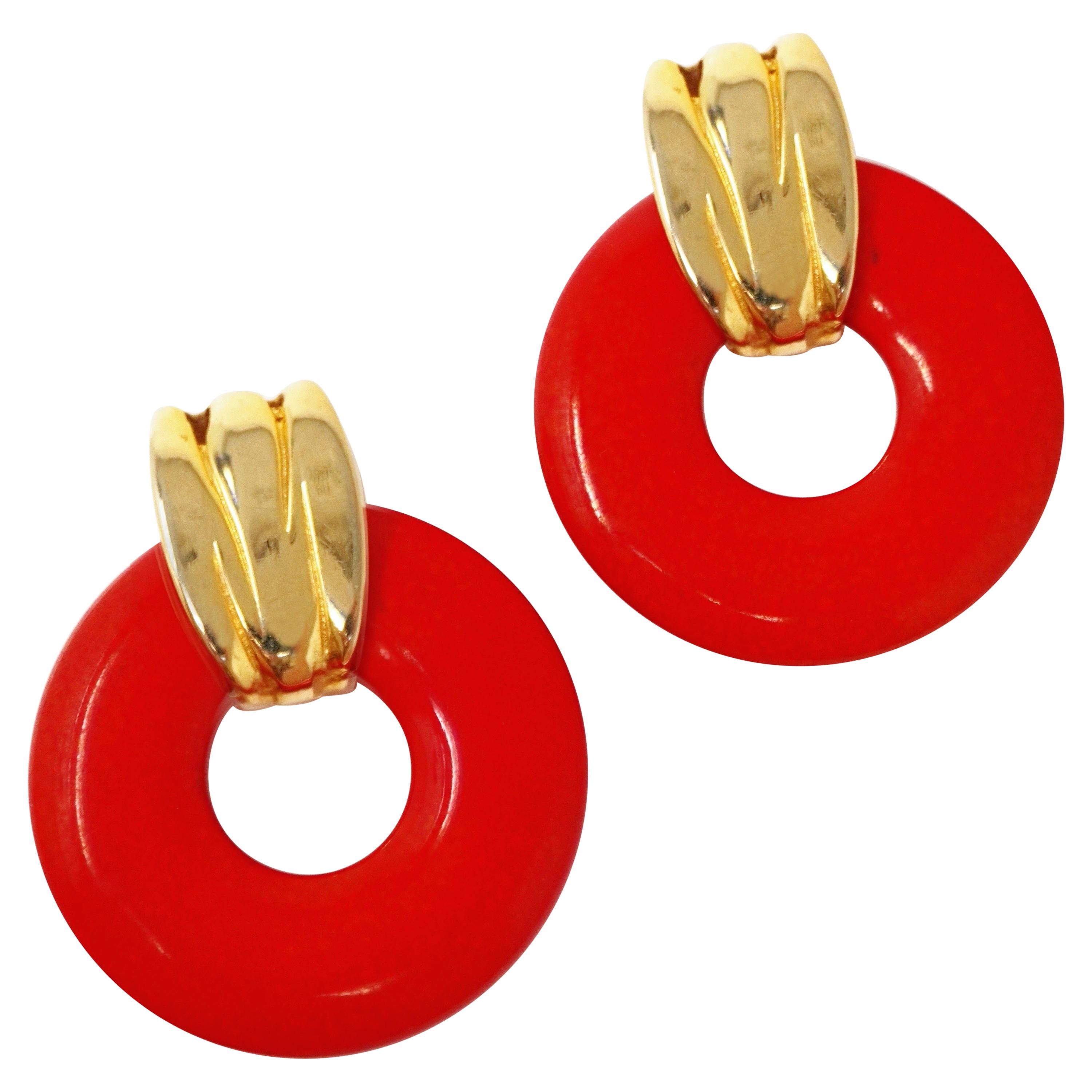 Vintage Valentino Oversized Lipstick Red Bakelite Hoop Earrings, Signed