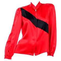 Vintage Valentino Red Silk Blouse with Diagonal Black Stripe