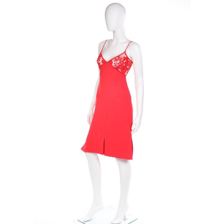 Vintage Valentino Red Silk Slip Dress with Lace Inserts & Open Back  In Good Condition For Sale In Portland, OR