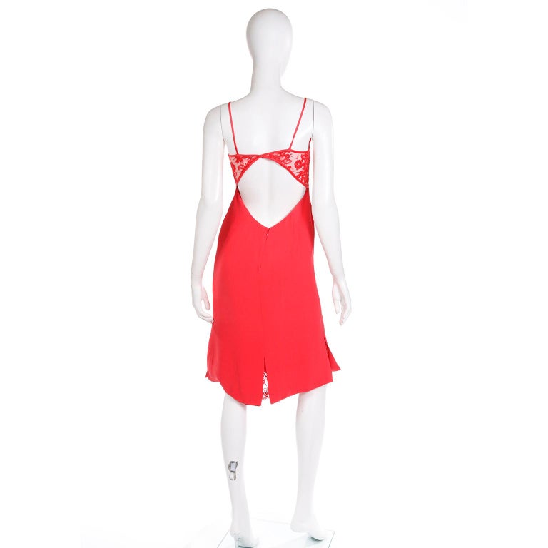 Women's Vintage Valentino Red Silk Slip Dress with Lace Inserts & Open Back  For Sale