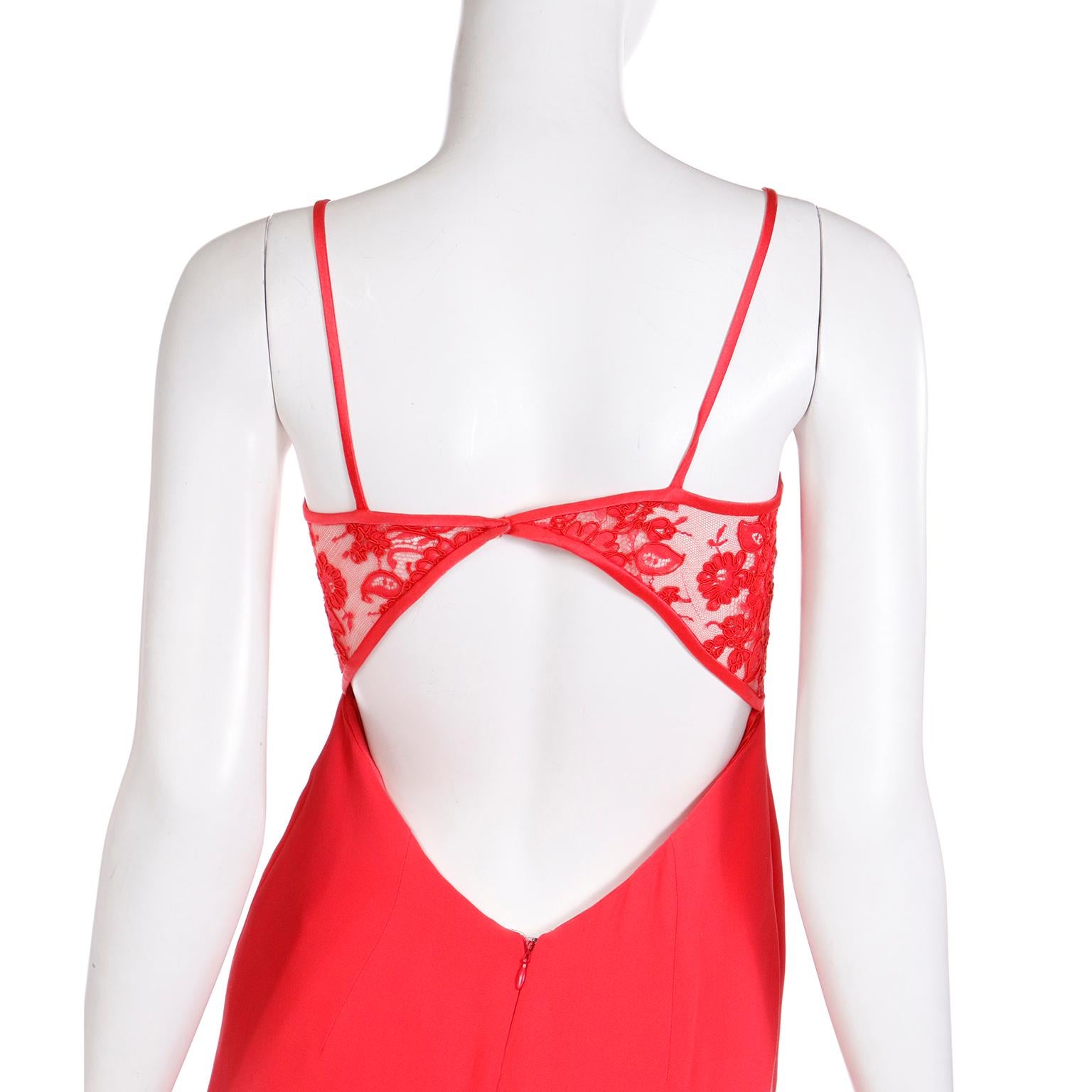 Women's Vintage Valentino Red Silk Slip Dress with Lace Inserts & Open Back  For Sale
