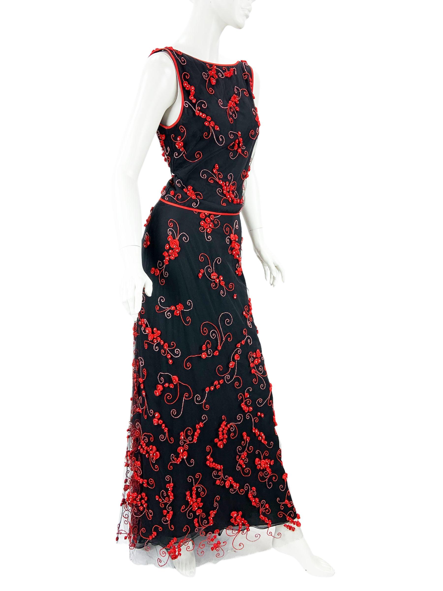 Black Vintage Valentino Runway SS 2000 Embroidered Beaded Silk Tulle Skirt Suit US 8 For Sale