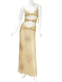 Vintage Valentino S/S 2001 Runway Nude Sexy Sheer Fully Embellished Dress Gown