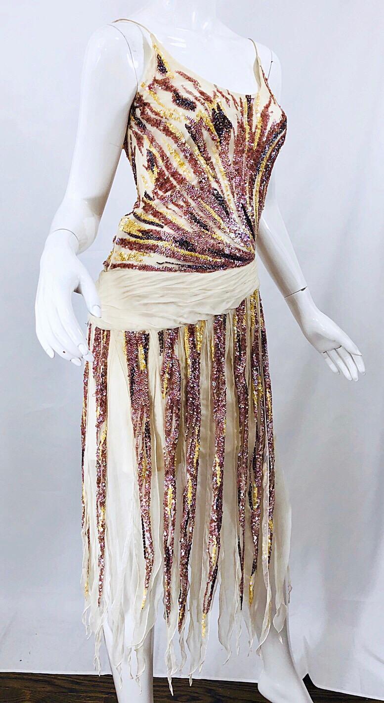 Vintage Valentino Sequined Flapper 20s Style Car Wash Hem Chiffon Dress + Shawl In Excellent Condition In San Diego, CA