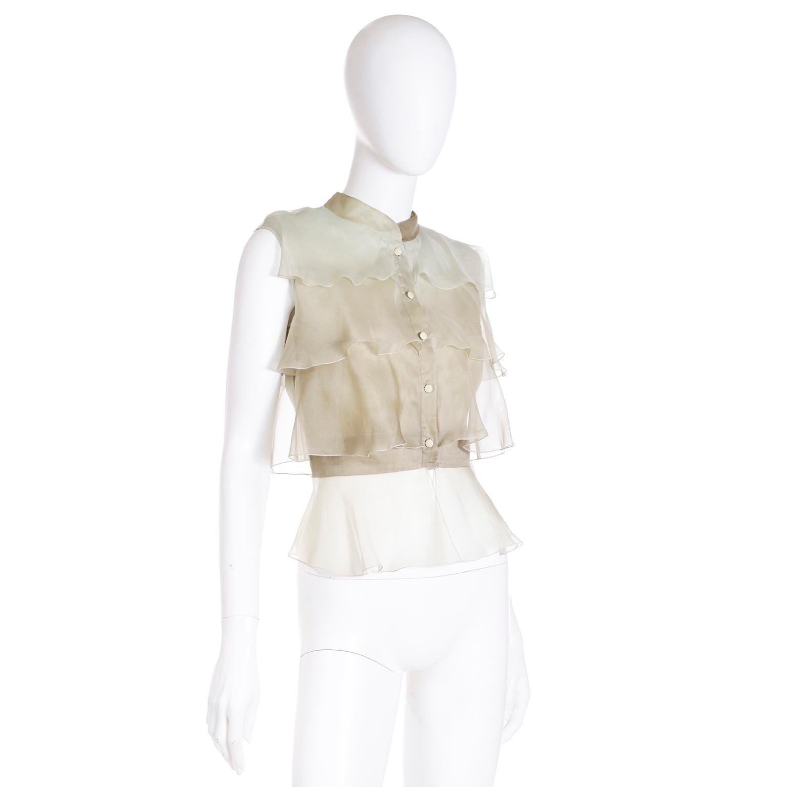2005 Valentino Silk Organza Ruffled Muted Green Sleeveless Runway Blouse In Excellent Condition In Portland, OR