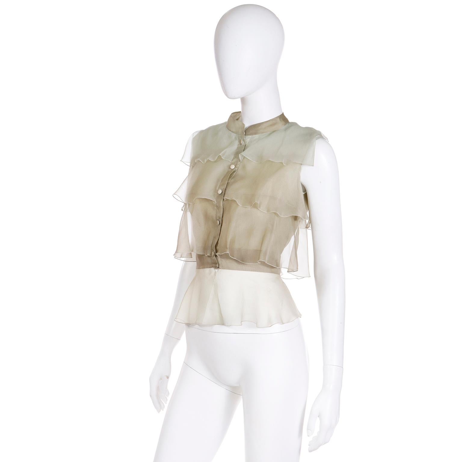 2005 Valentino Silk Organza Ruffled Muted Green Sleeveless Runway Blouse 1