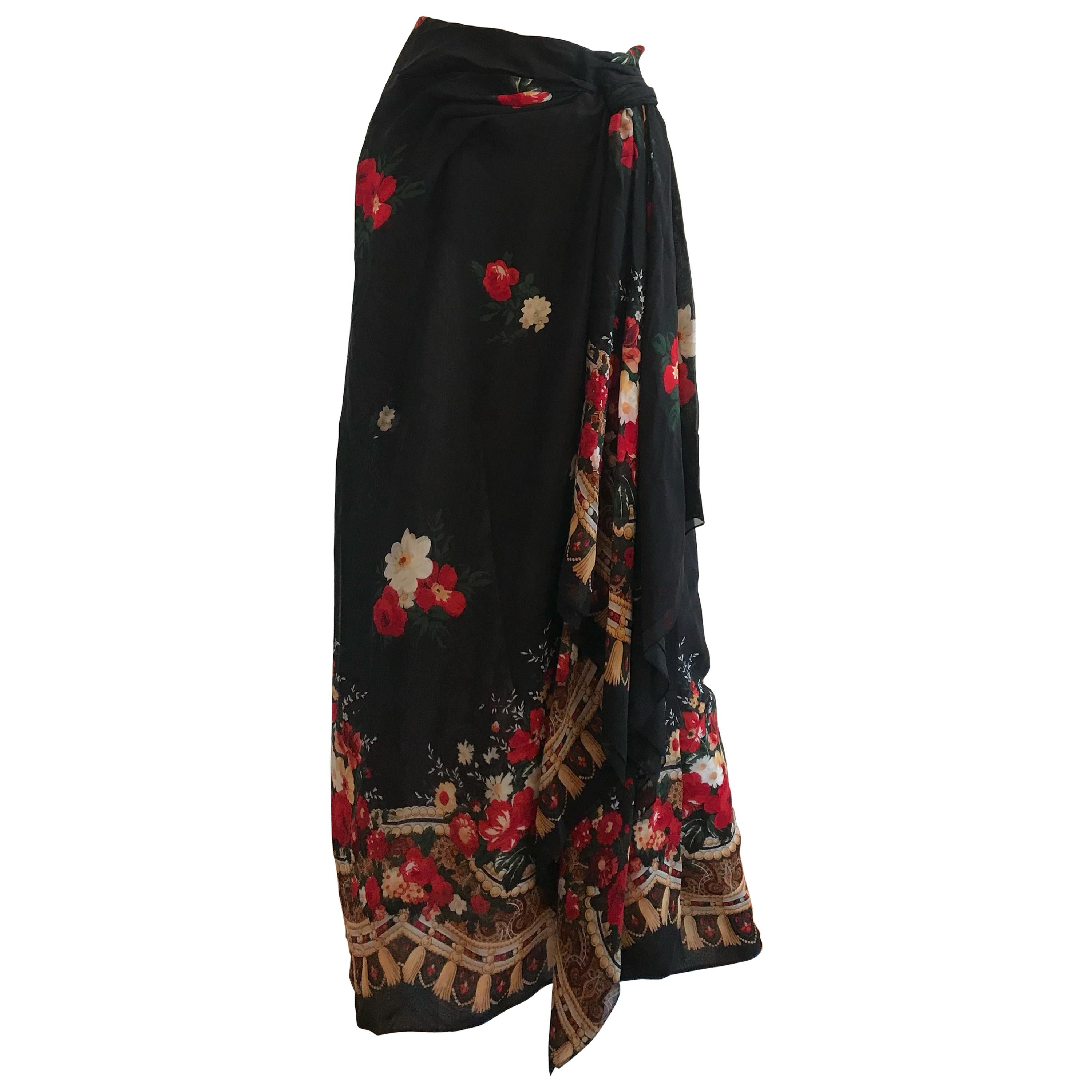 Vintage Valentino Silk Chiffon Floral & Tassel Printed Maxi Skirt For Sale